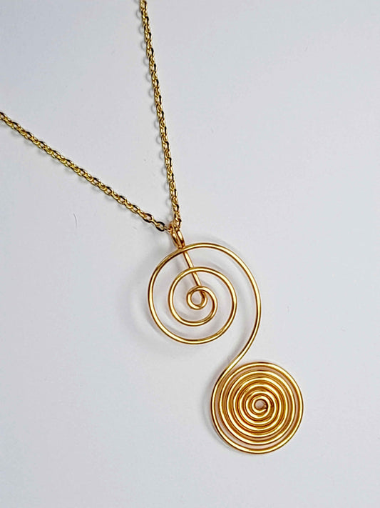 Handmade Gold Swirly Spiral Long Pendant Necklace, Lightweight Silver‑Plated Chain