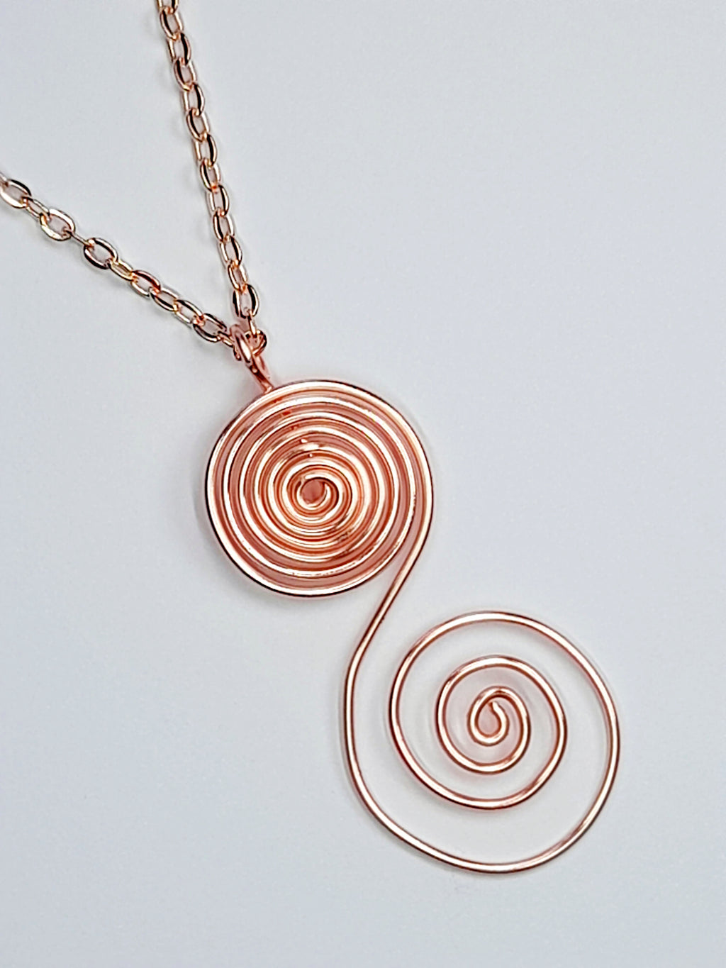 Handmade Rose Gold Swirly Spiral Long Pendant Necklace, Lightweight Statement Design