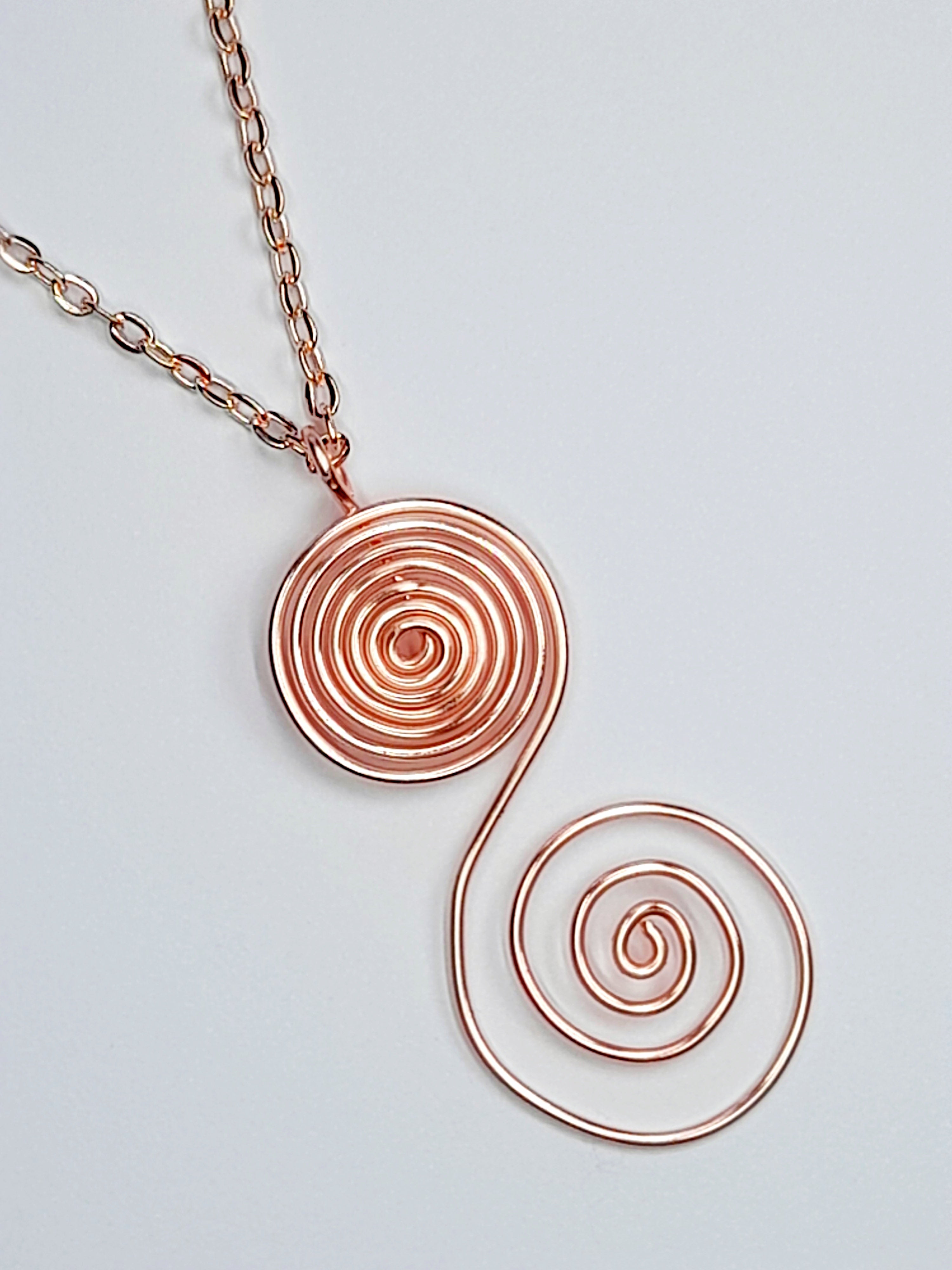 Handmade Rose Gold Swirly Spiral Long Pendant Necklace, Lightweight Statement Design