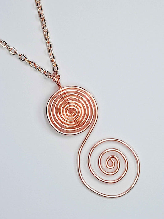 Handmade Rose Gold Swirly Spiral Long Pendant Necklace, Lightweight Statement Design
