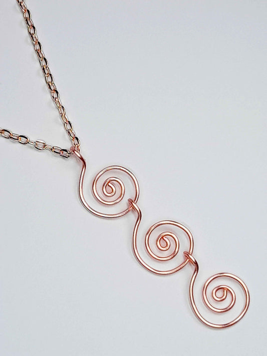 Handmade Rose Gold Swirly Spiral Long Pendant Necklace, Lightweight Geometric Design