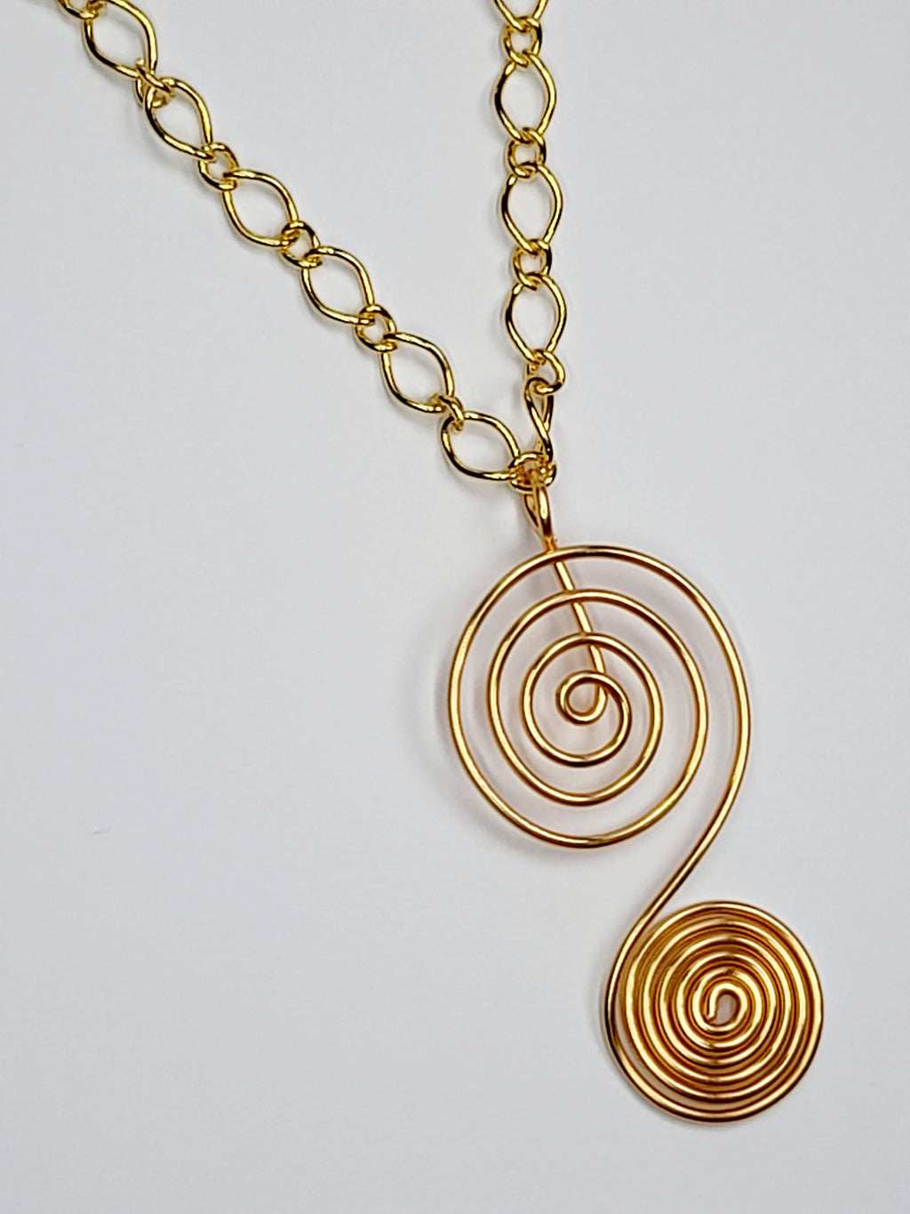 Handmade Gold Swirly Spiral Long Pendant Necklace, Lightweight Statement Design