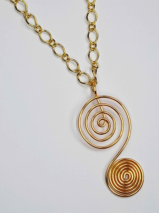 Handmade Gold Swirly Spiral Long Pendant Necklace, Lightweight Statement Design