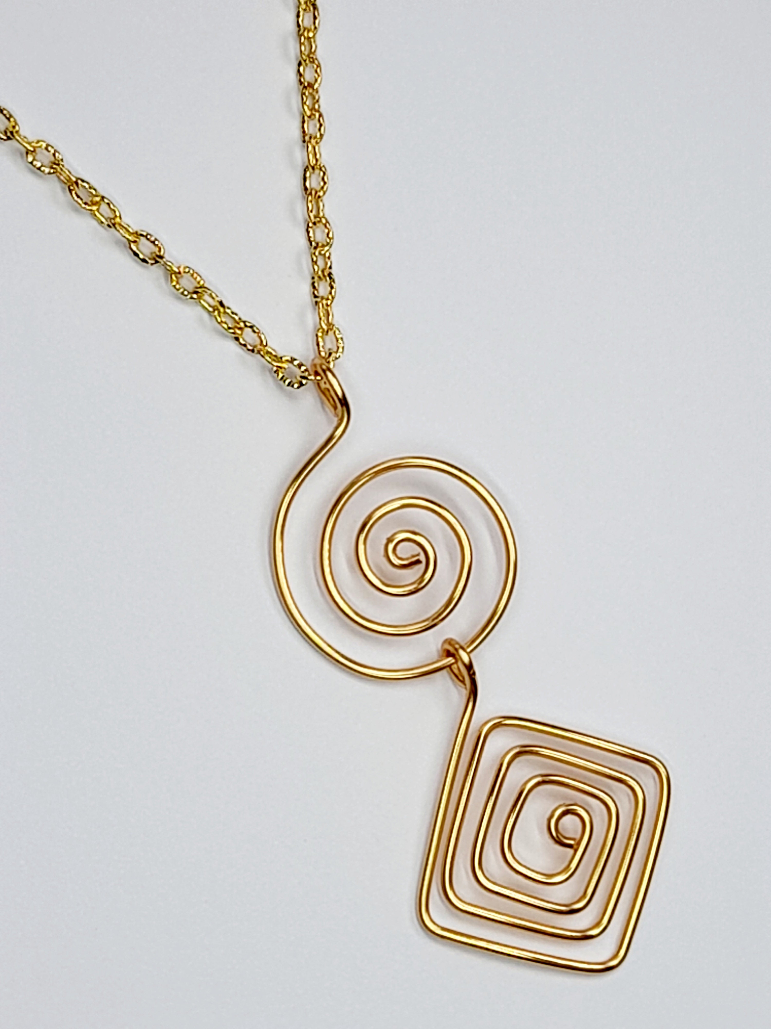 Handmade Gold Spiral Geometric Pendant Necklace, Lightweight Statement Design