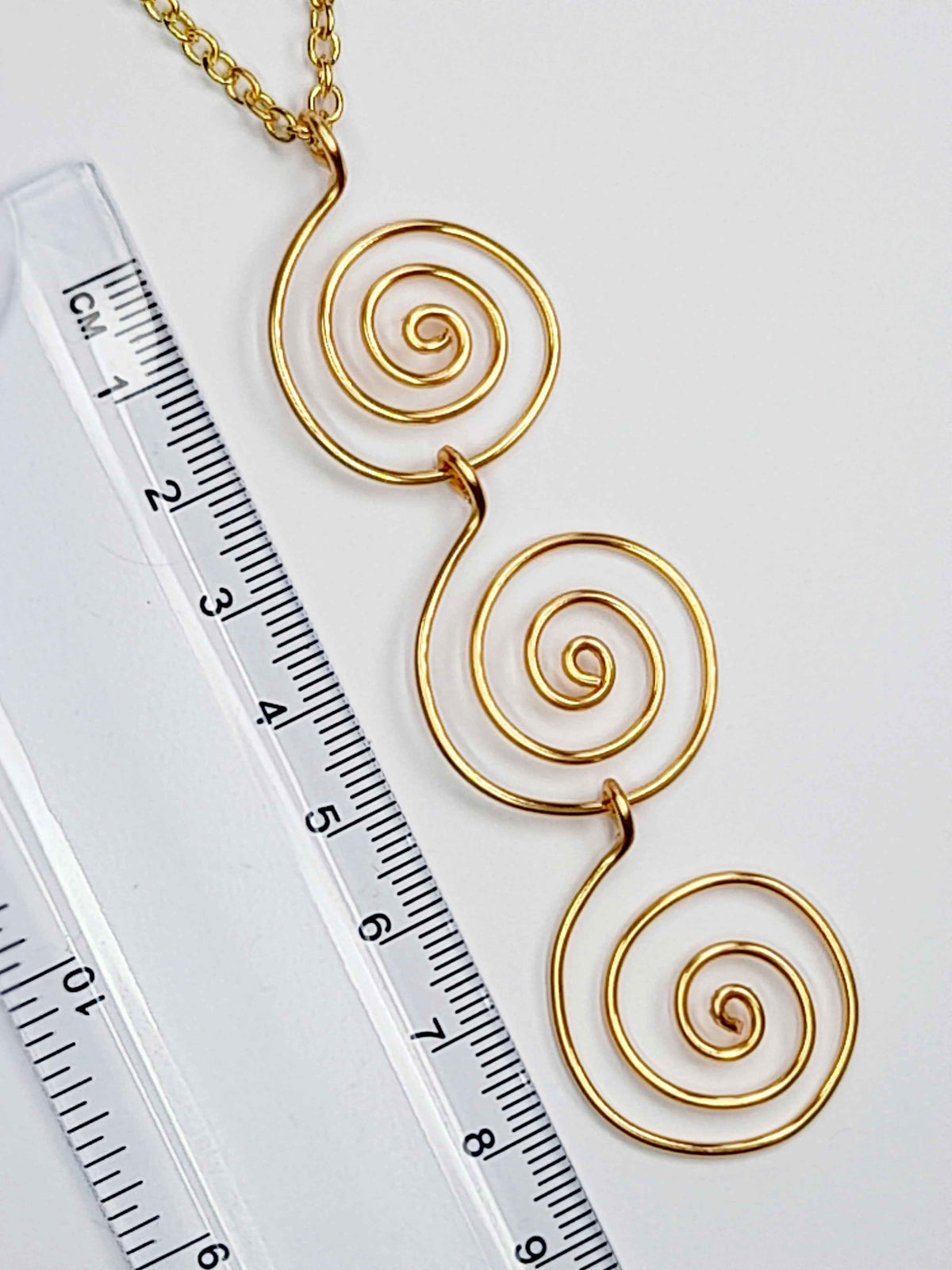Handmade Gold Swirly Spiral Long Pendant Necklace, Lightweight Geometric Design