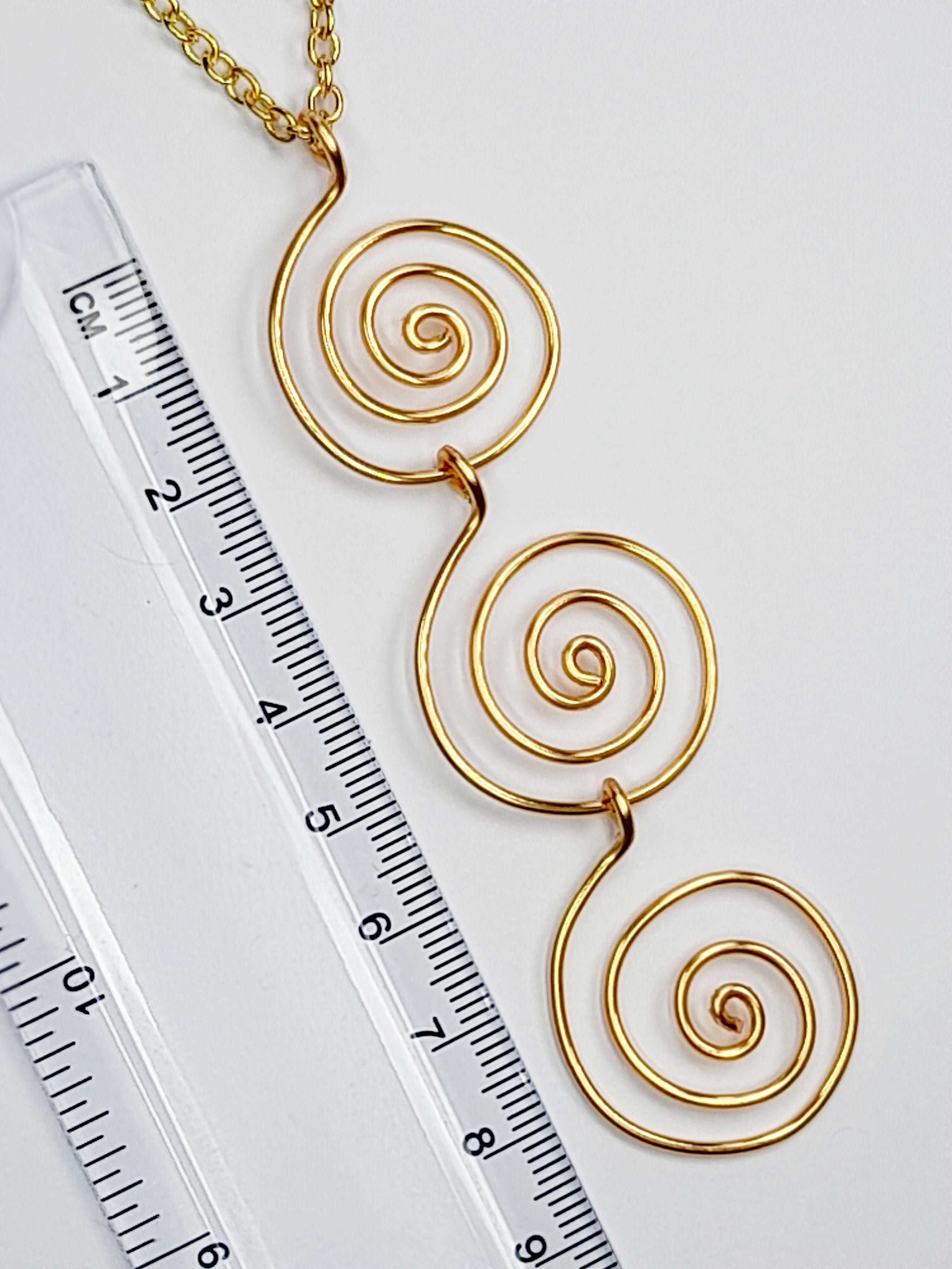 Handmade Gold Swirly Spiral Long Pendant Necklace, Lightweight Geometric Design
