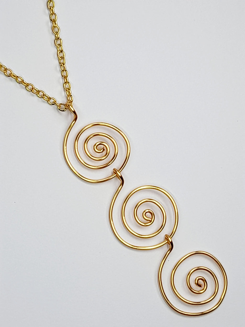 Handmade Gold Swirly Spiral Long Pendant Necklace, Lightweight Geometric Design