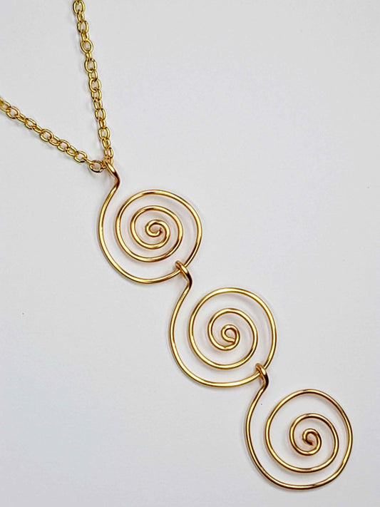 Handmade Gold Swirly Spiral Long Pendant Necklace, Lightweight Geometric Design