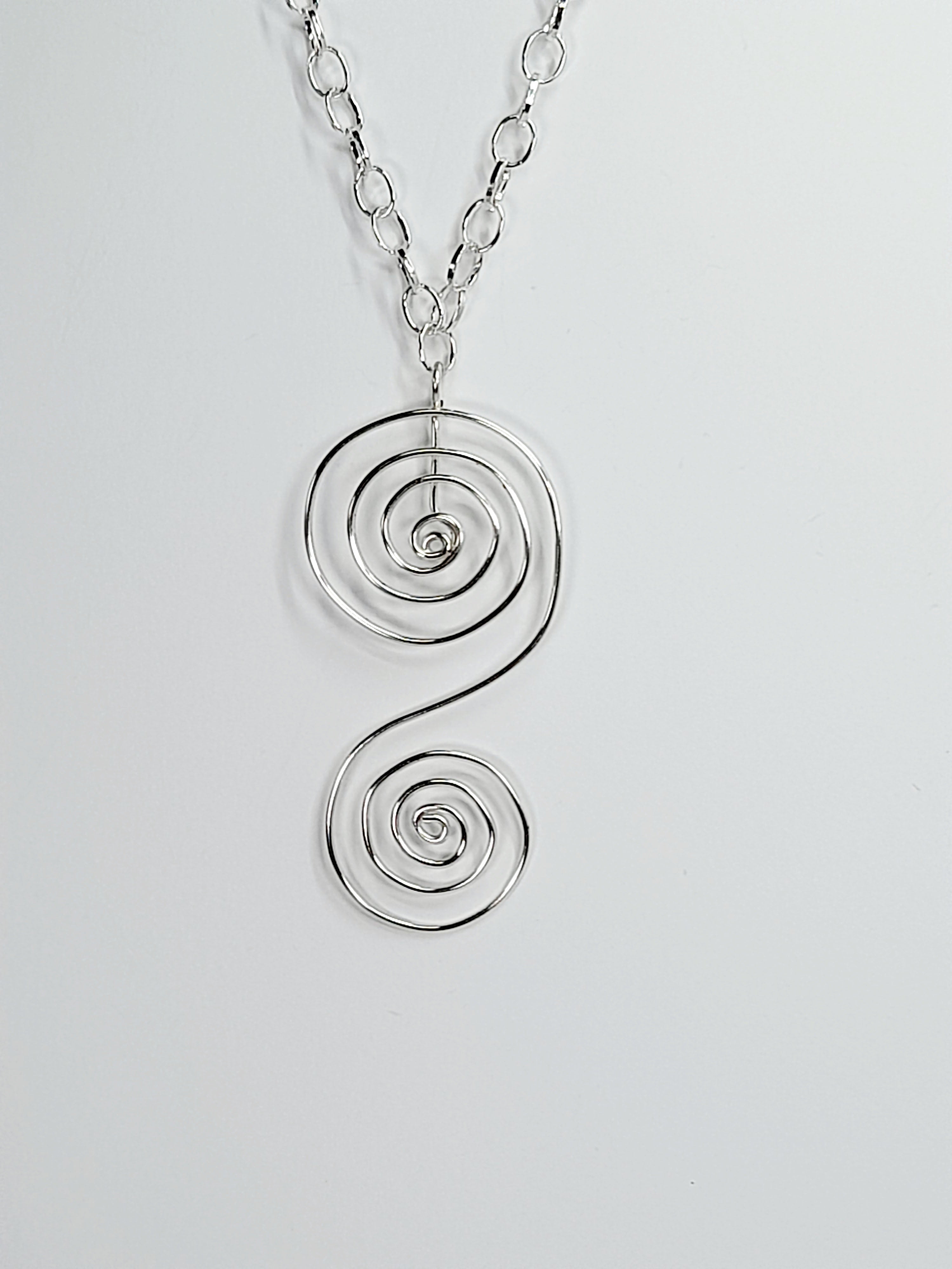 Handmade Silver Swirly Spiral Long Pendant Necklace, Lightweight Statement Design