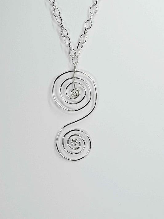 Handmade Silver Swirly Spiral Long Pendant Necklace, Lightweight Statement Design
