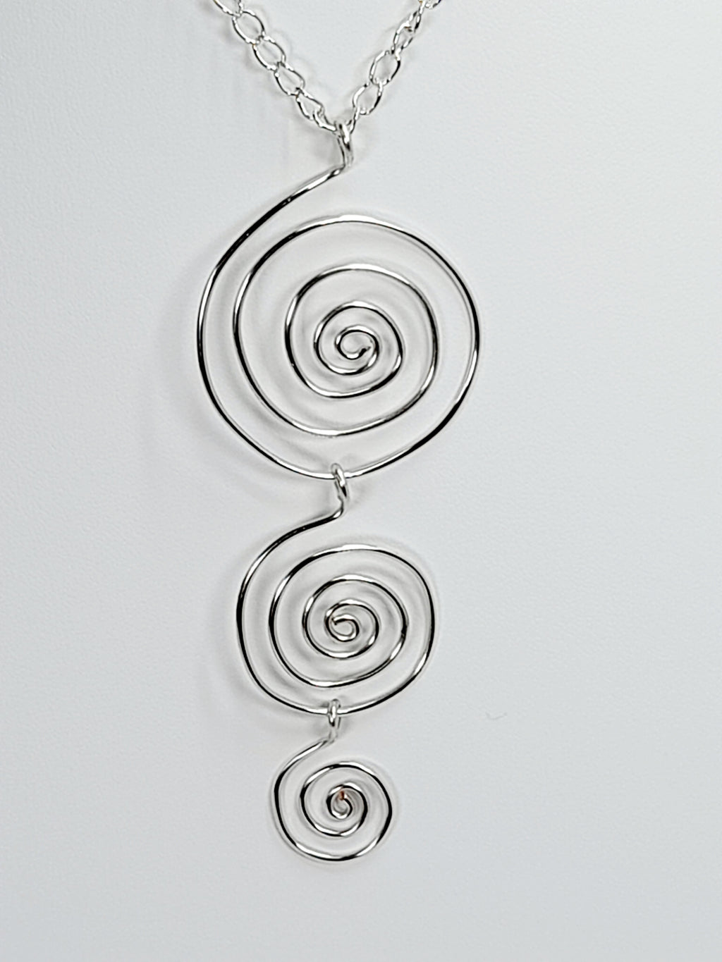 Handmade Silver Swirly Spiral Long Pendant Necklace, Lightweight Silver‑Plated Chain
