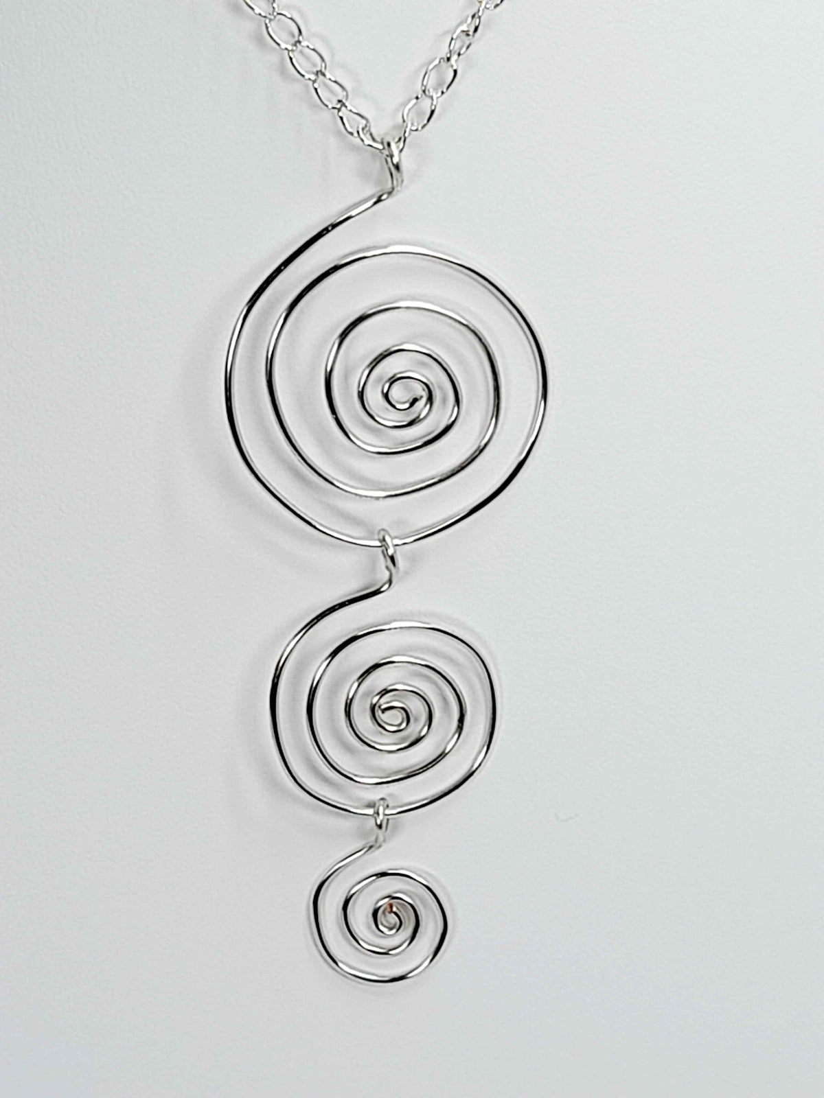 Handmade Silver Swirly Spiral Long Pendant Necklace, Lightweight Silver‑Plated Chain