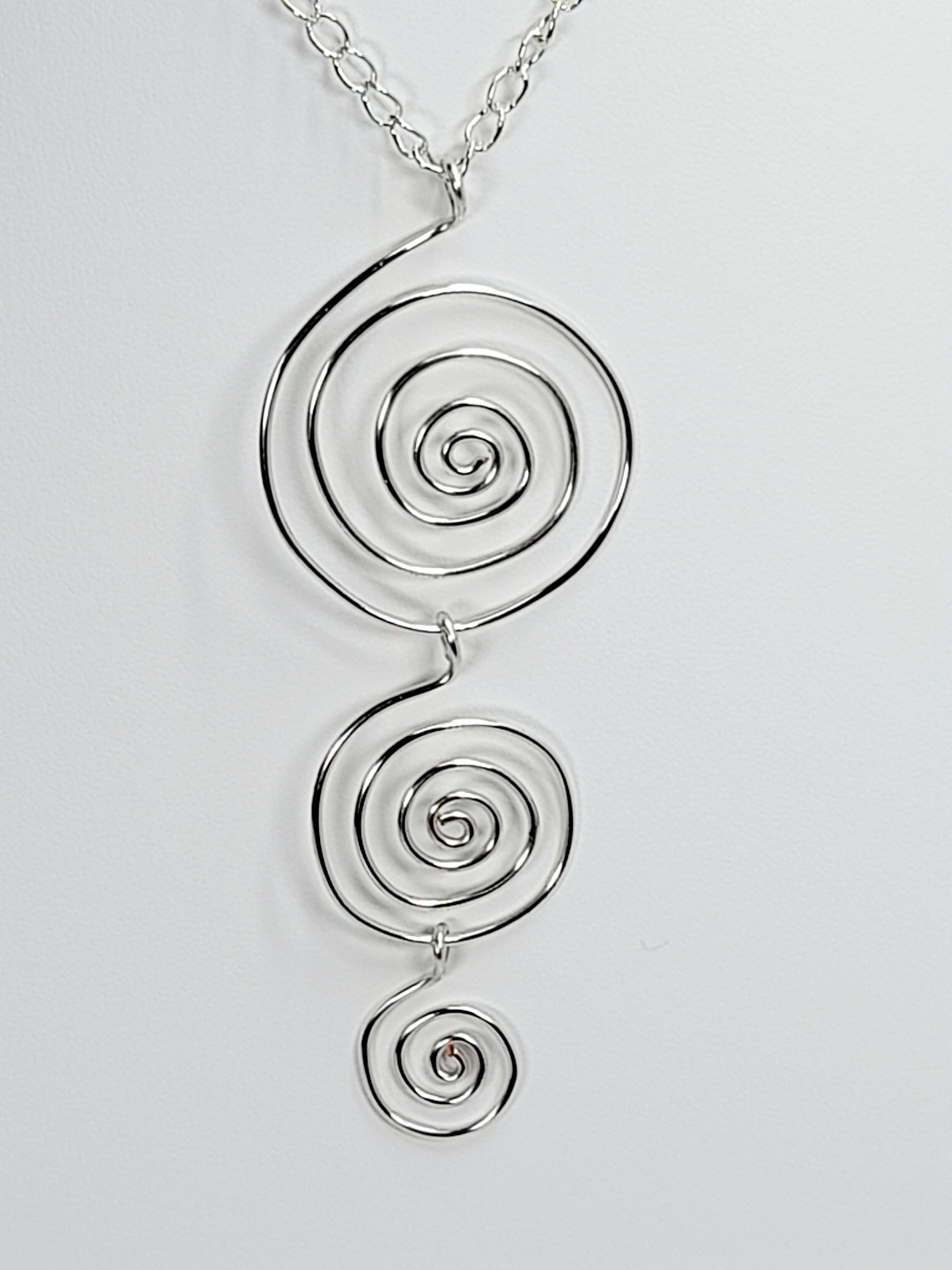 Handmade Silver Swirly Spiral Long Pendant Necklace, Lightweight Silver‑Plated Chain