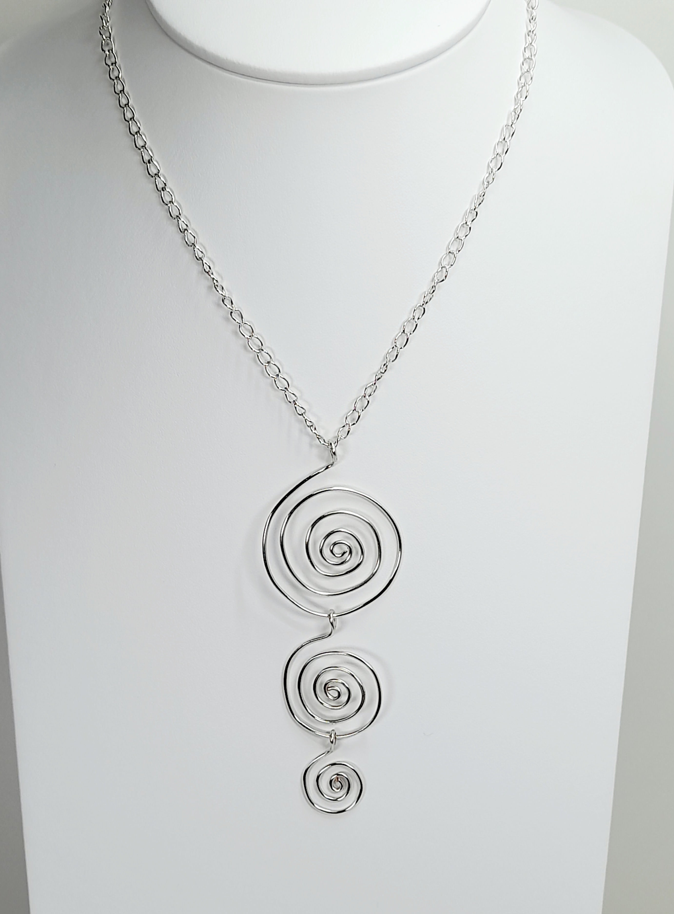 Handmade Silver Swirly Spiral Long Pendant Necklace, Lightweight Silver‑Plated Chain