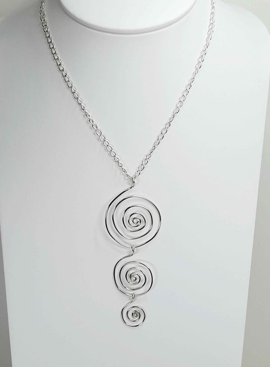 Handmade Silver Swirly Spiral Long Pendant Necklace, Lightweight Silver‑Plated Chain