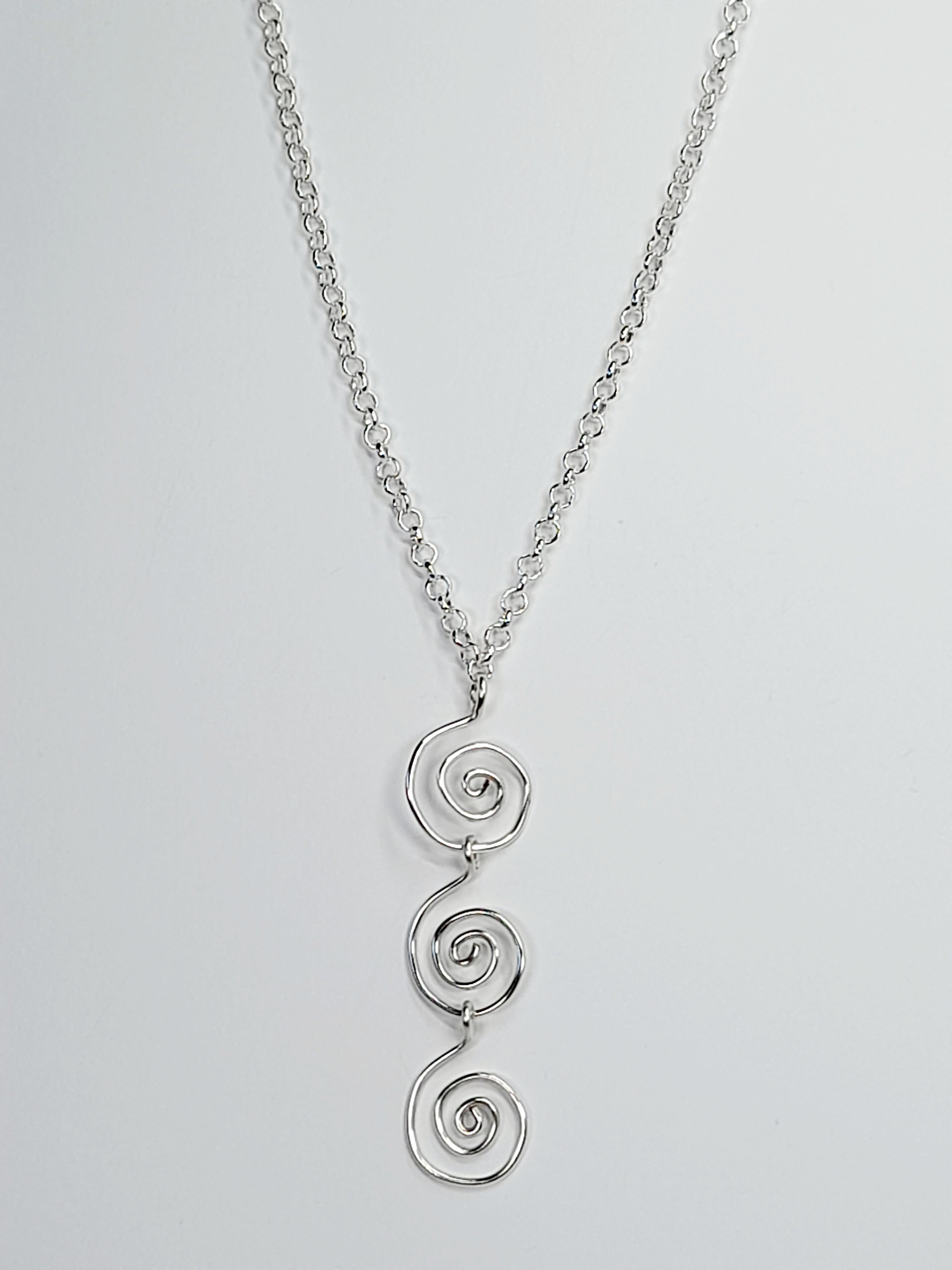 Handmade Silver Swirly Spiral Long Pendant Necklace, Lightweight Geometric Design