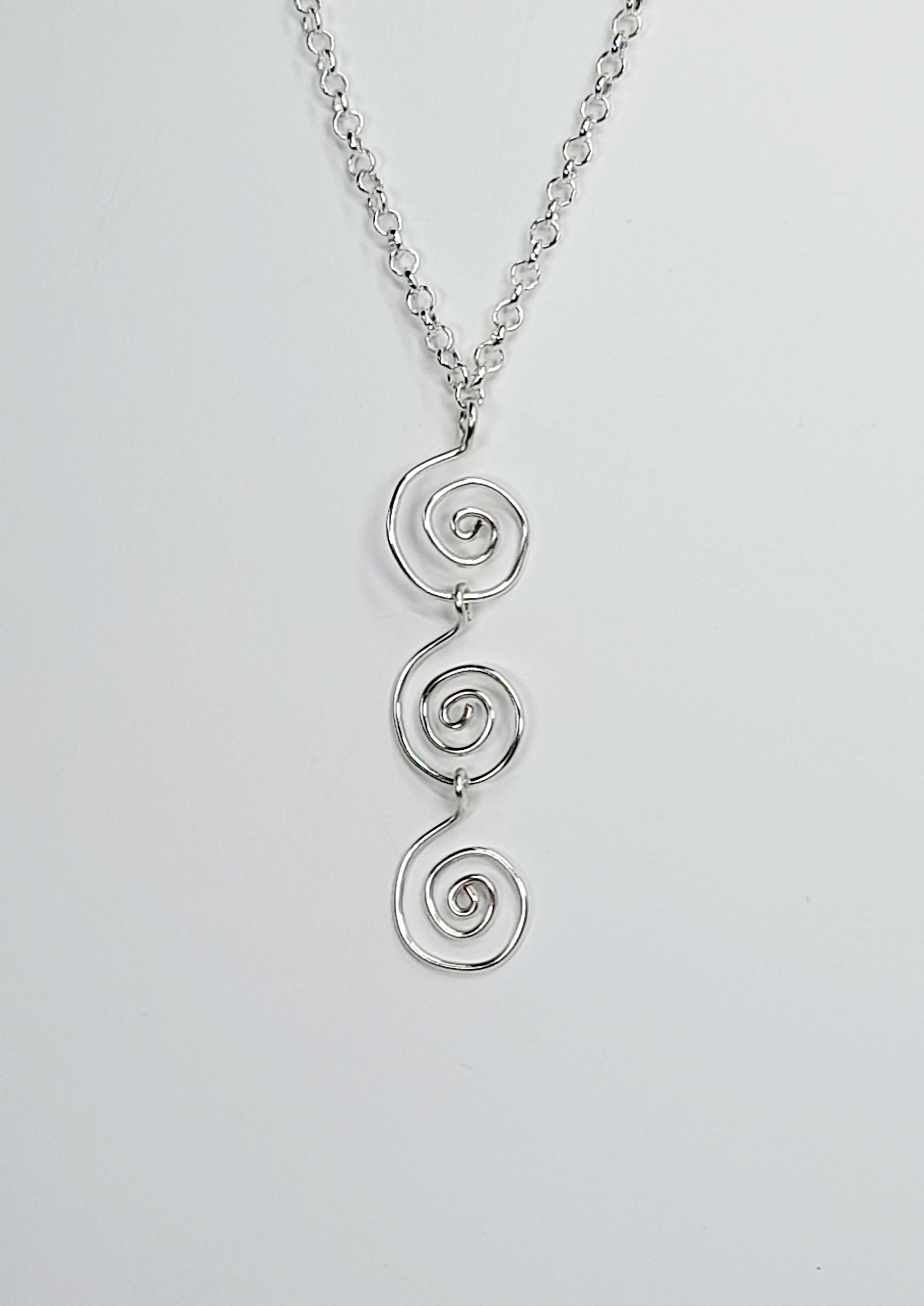 Handmade Silver Swirly Spiral Long Pendant Necklace, Lightweight Geometric Design