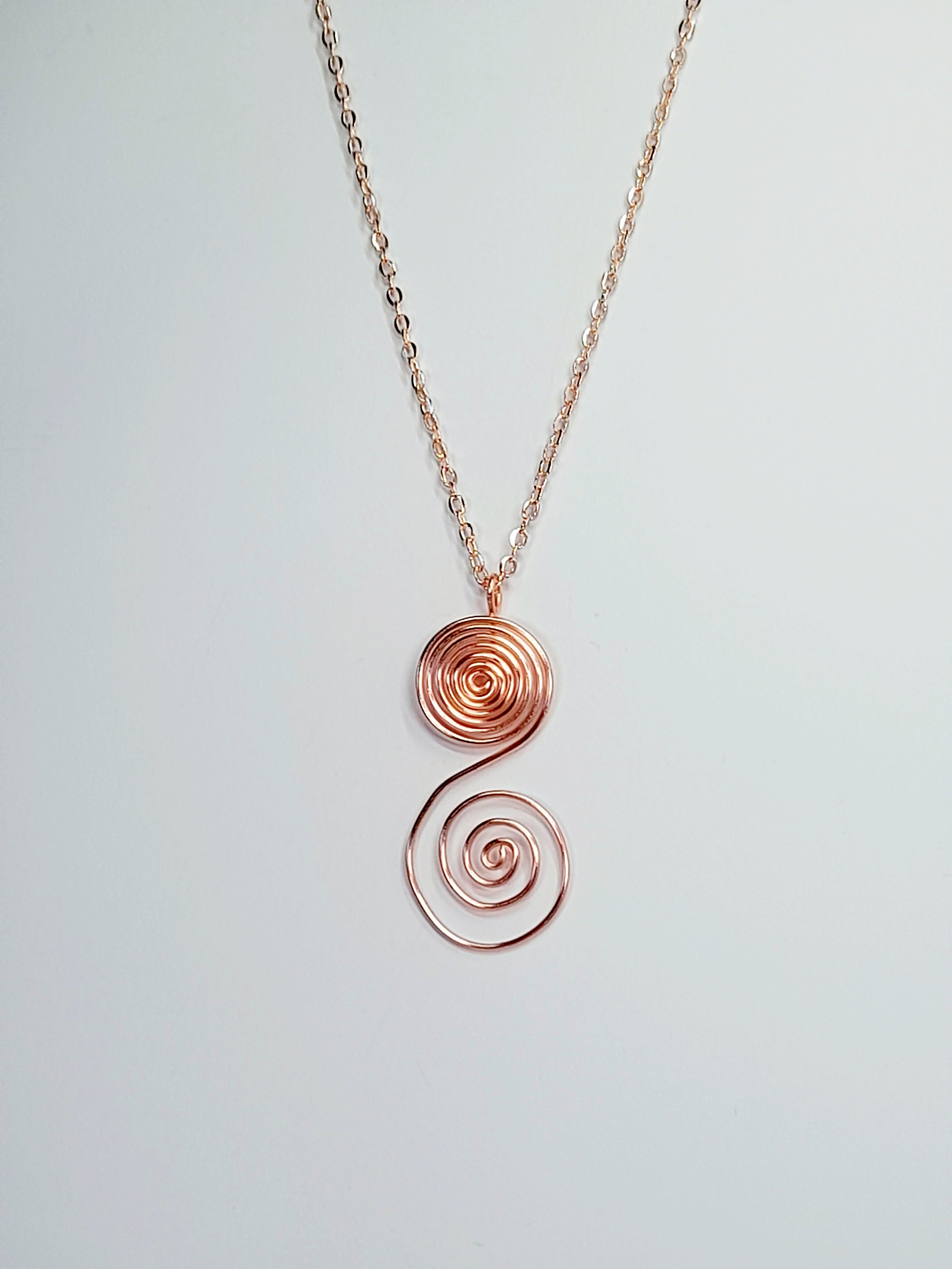 Handmade Rose Gold Swirly Spiral Long Pendant Necklace, Lightweight Statement Design