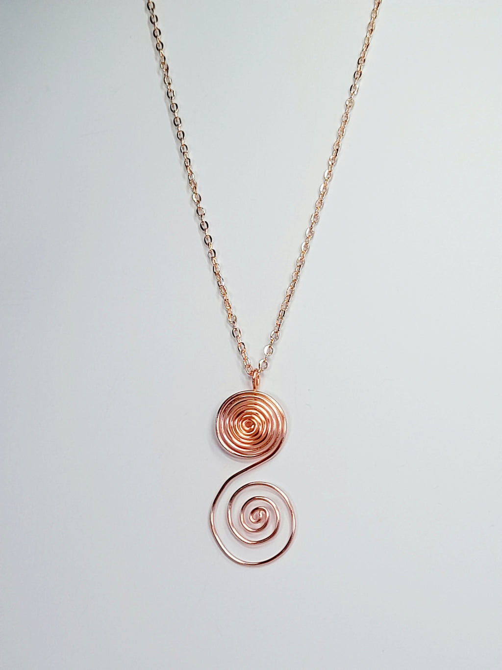 Handmade Rose Gold Swirly Spiral Long Pendant Necklace, Lightweight Statement Design