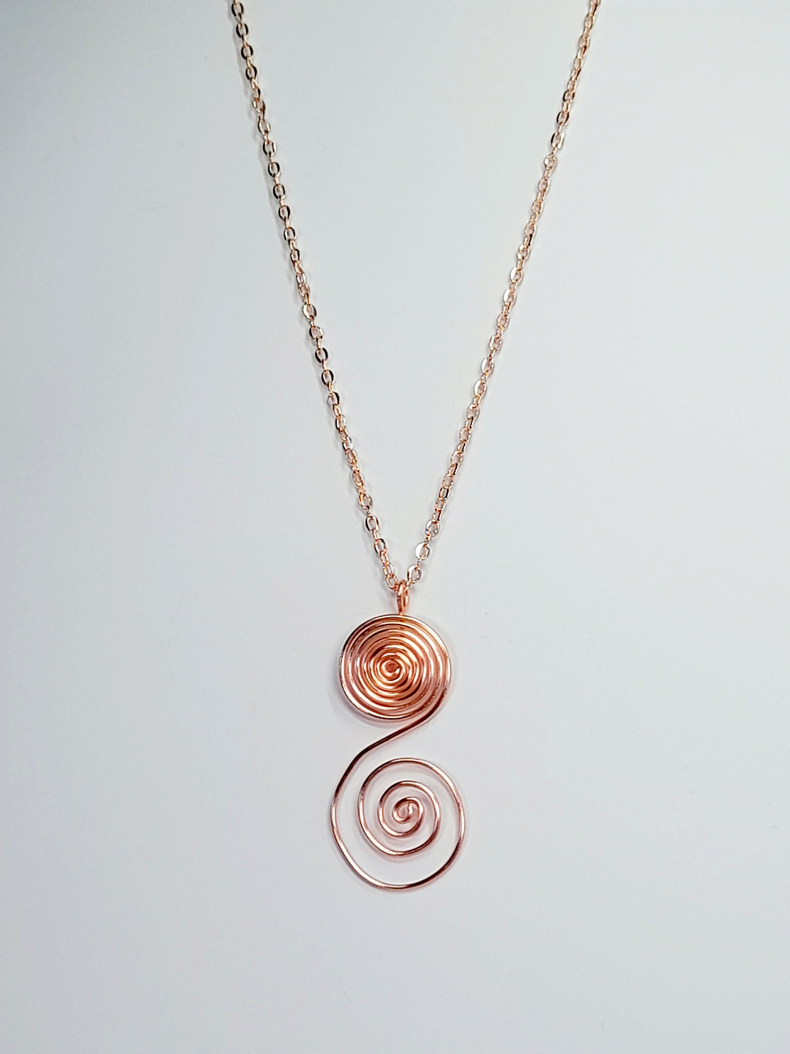 Handmade Rose Gold Swirly Spiral Long Pendant Necklace, Lightweight Statement Design