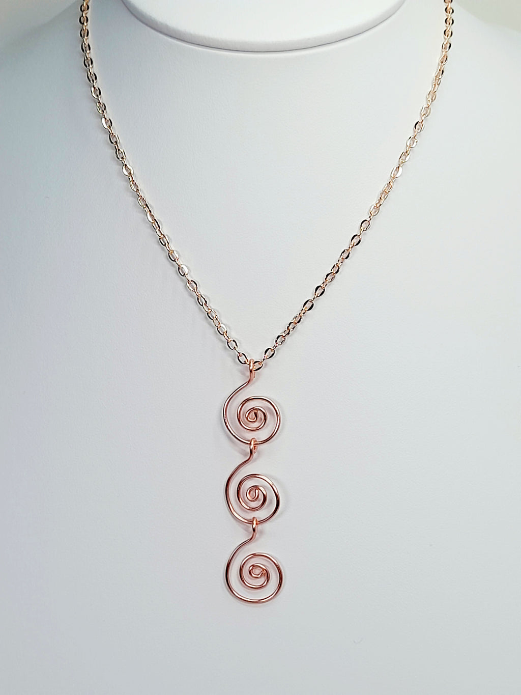 Handmade Rose Gold Swirly Spiral Long Pendant Necklace, Lightweight Geometric Design