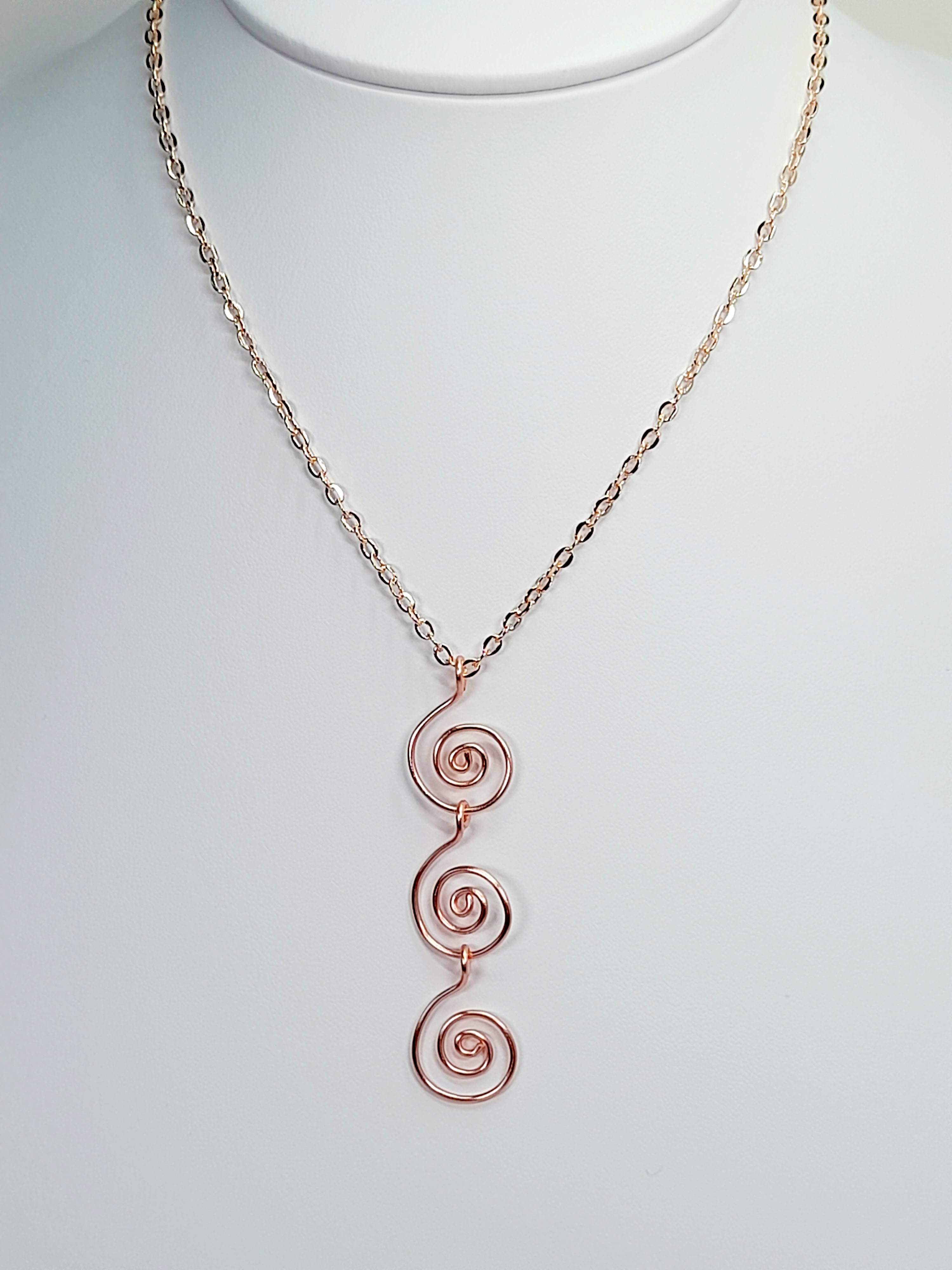 Handmade Rose Gold Swirly Spiral Long Pendant Necklace, Lightweight Geometric Design