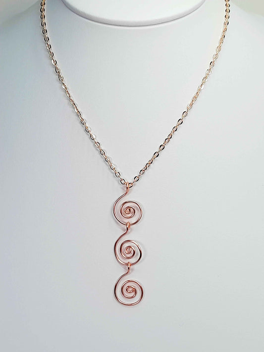 Handmade Rose Gold Swirly Spiral Long Pendant Necklace, Lightweight Geometric Design