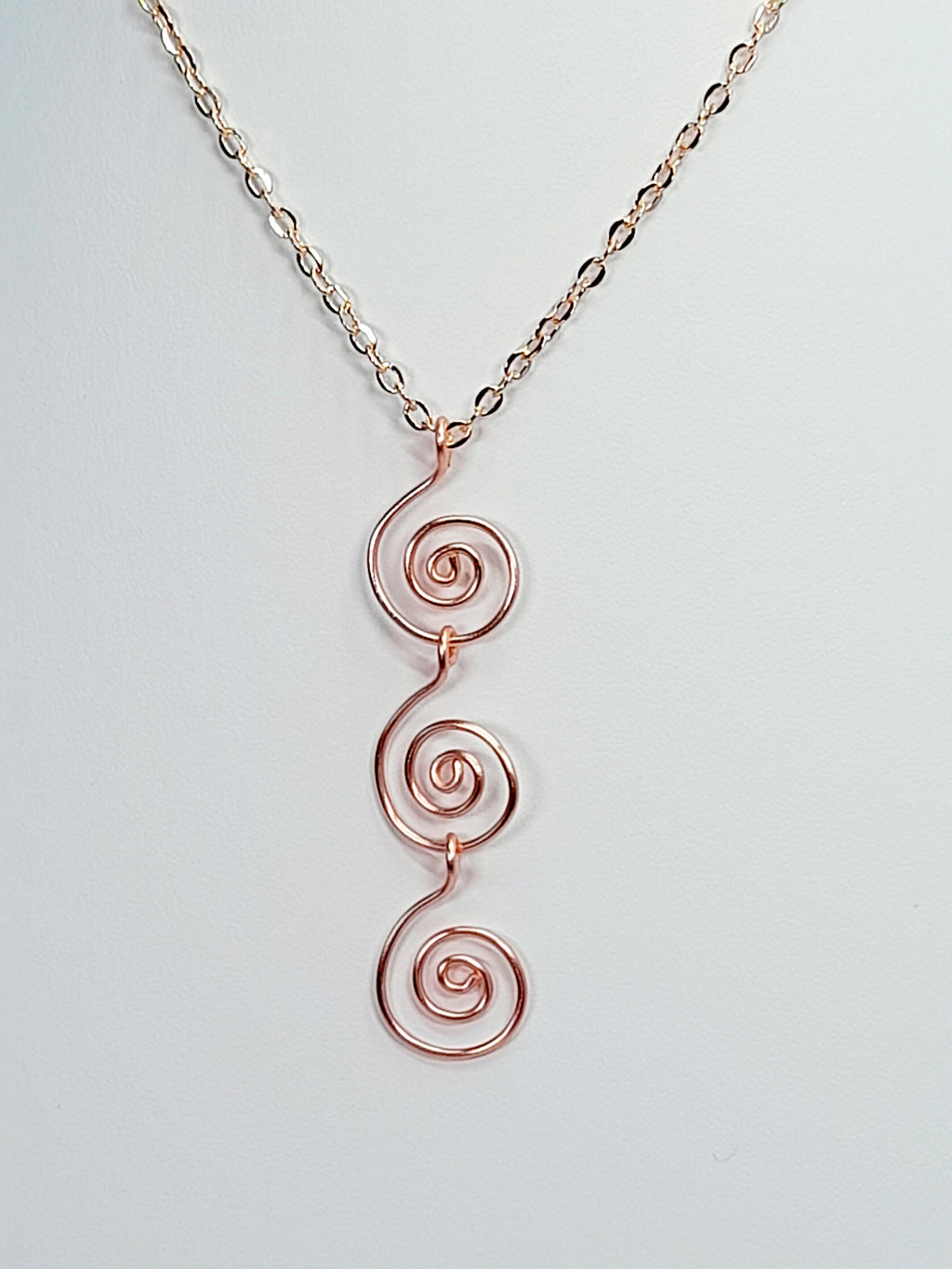 Handmade Rose Gold Swirly Spiral Long Pendant Necklace, Lightweight Geometric Design