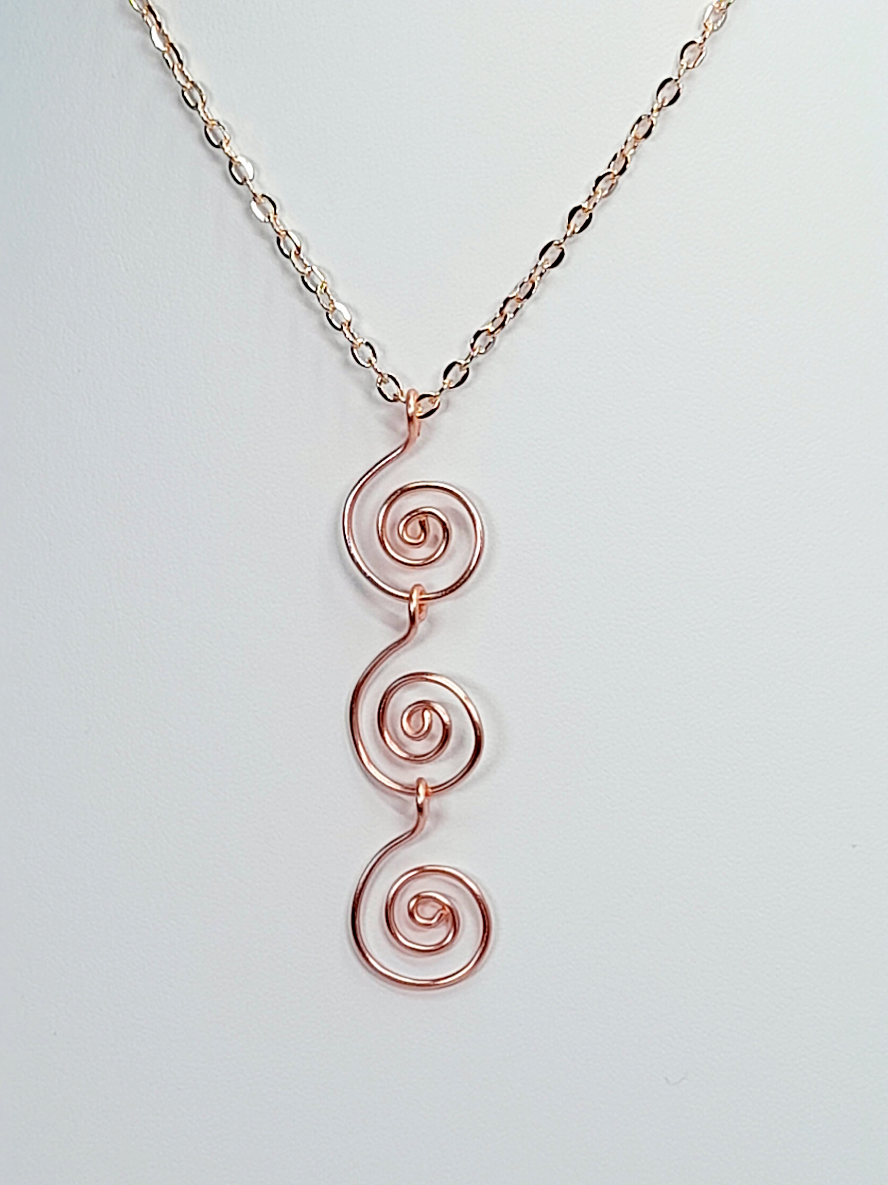Handmade Rose Gold Swirly Spiral Long Pendant Necklace, Lightweight Geometric Design