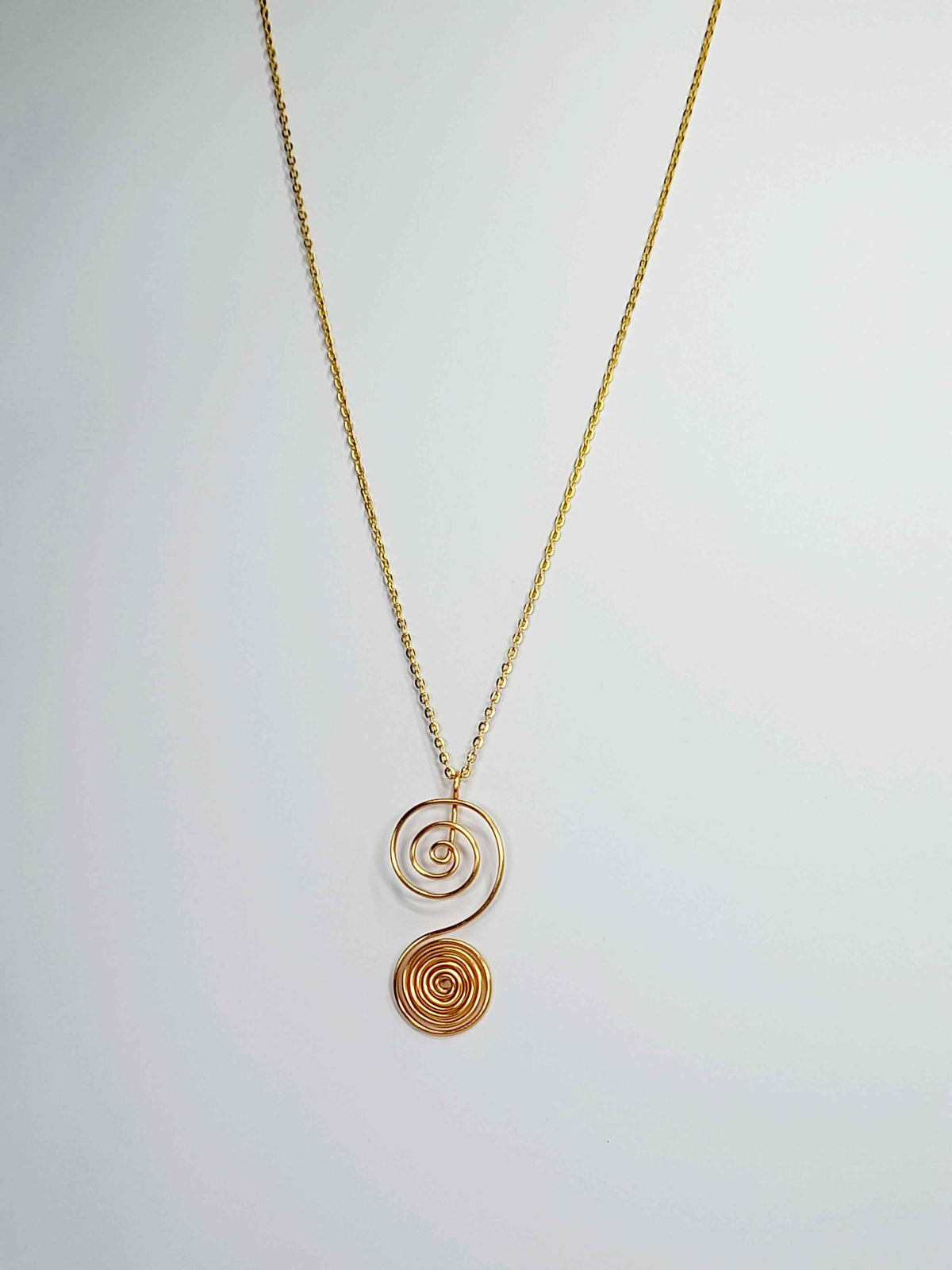 Handmade Gold Swirly Spiral Long Pendant Necklace, Lightweight Silver‑Plated Chain