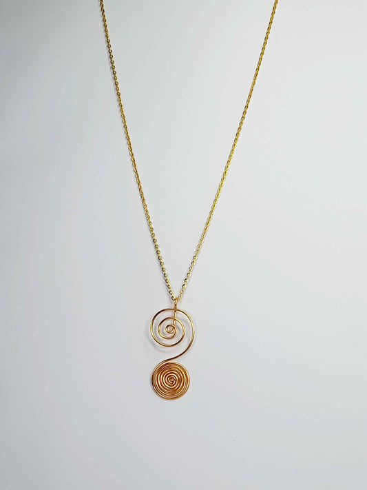 Handmade Gold Swirly Spiral Long Pendant Necklace, Lightweight Silver‑Plated Chain