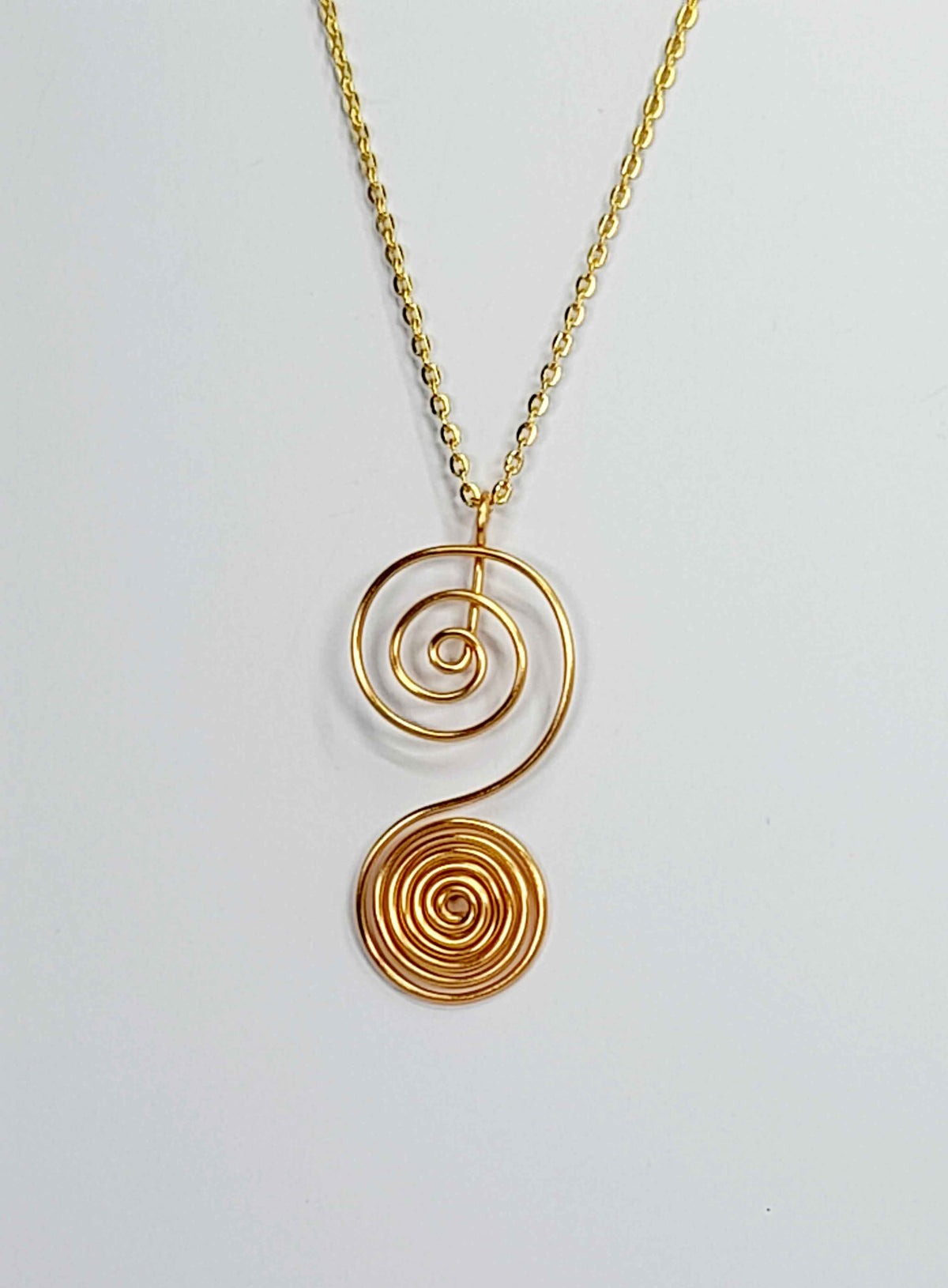 Handmade Gold Swirly Spiral Long Pendant Necklace, Lightweight Silver‑Plated Chain