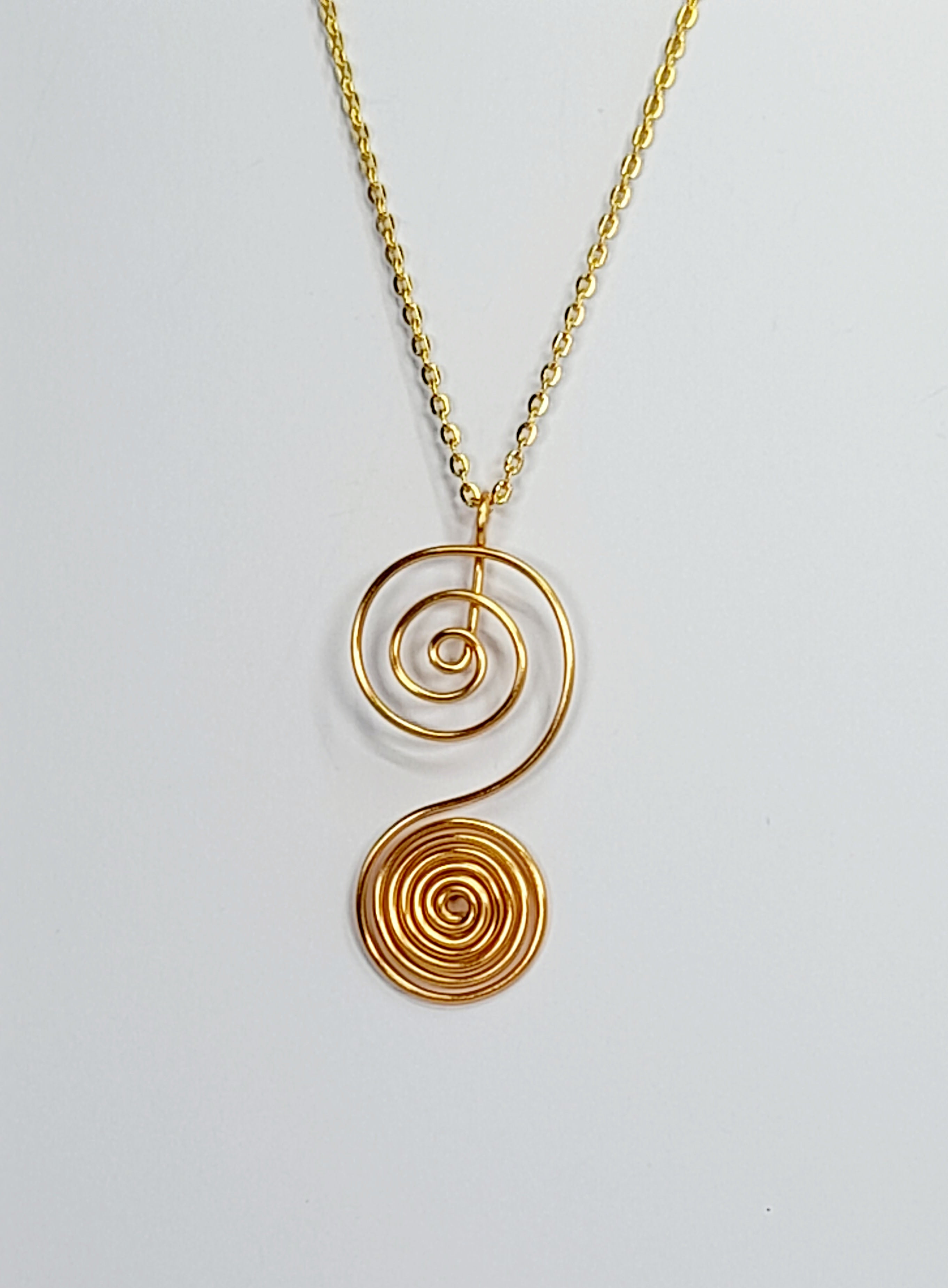 Handmade Gold Swirly Spiral Long Pendant Necklace, Lightweight Silver‑Plated Chain