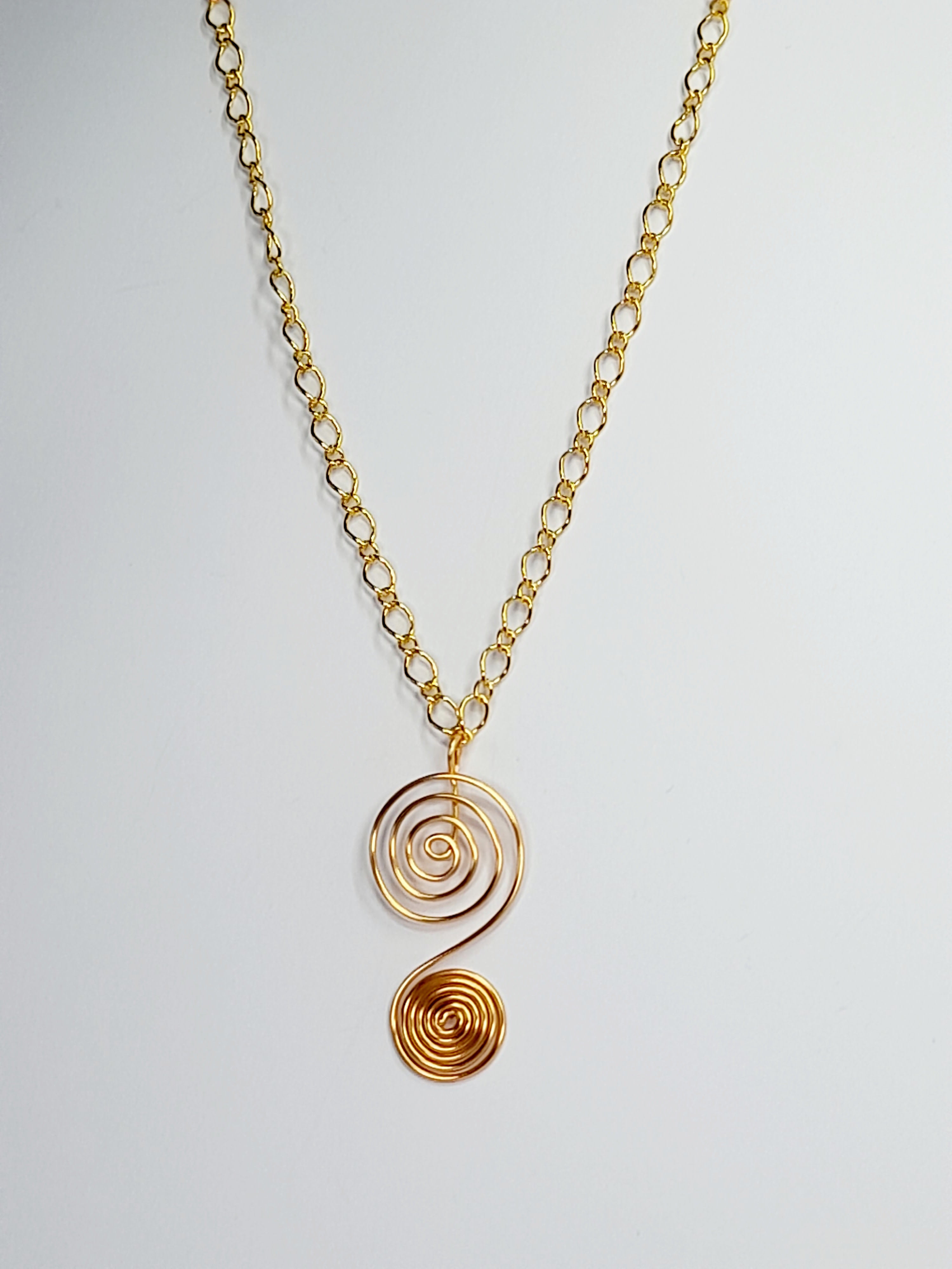 Handmade Gold Swirly Spiral Long Pendant Necklace, Lightweight Statement Design