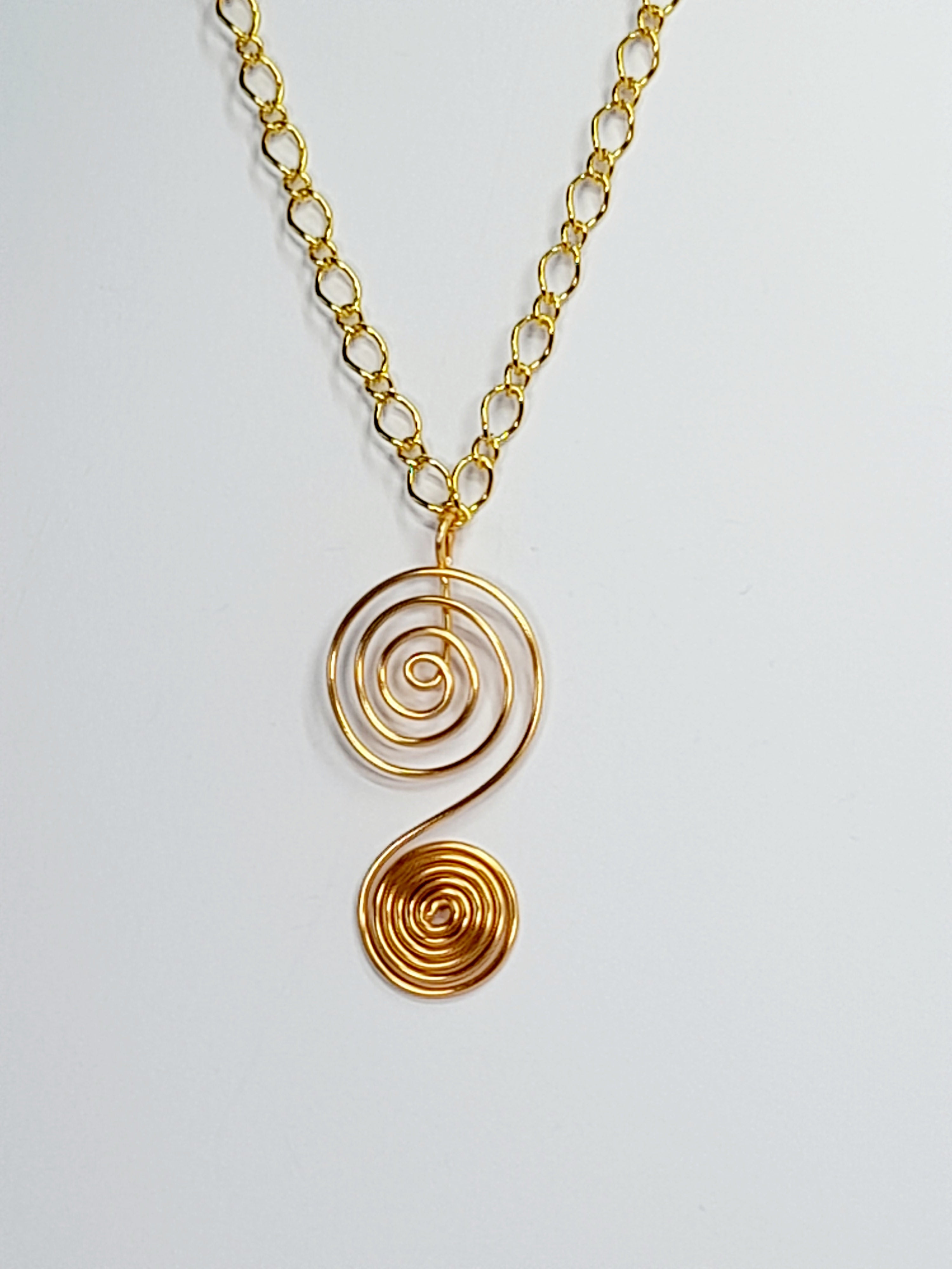Handmade Gold Swirly Spiral Long Pendant Necklace, Lightweight Statement Design