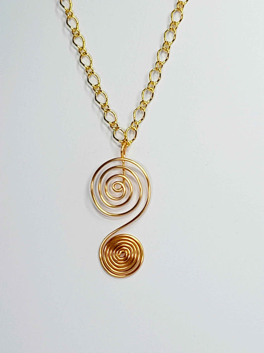 Handmade Gold Swirly Spiral Long Pendant Necklace, Lightweight Statement Design