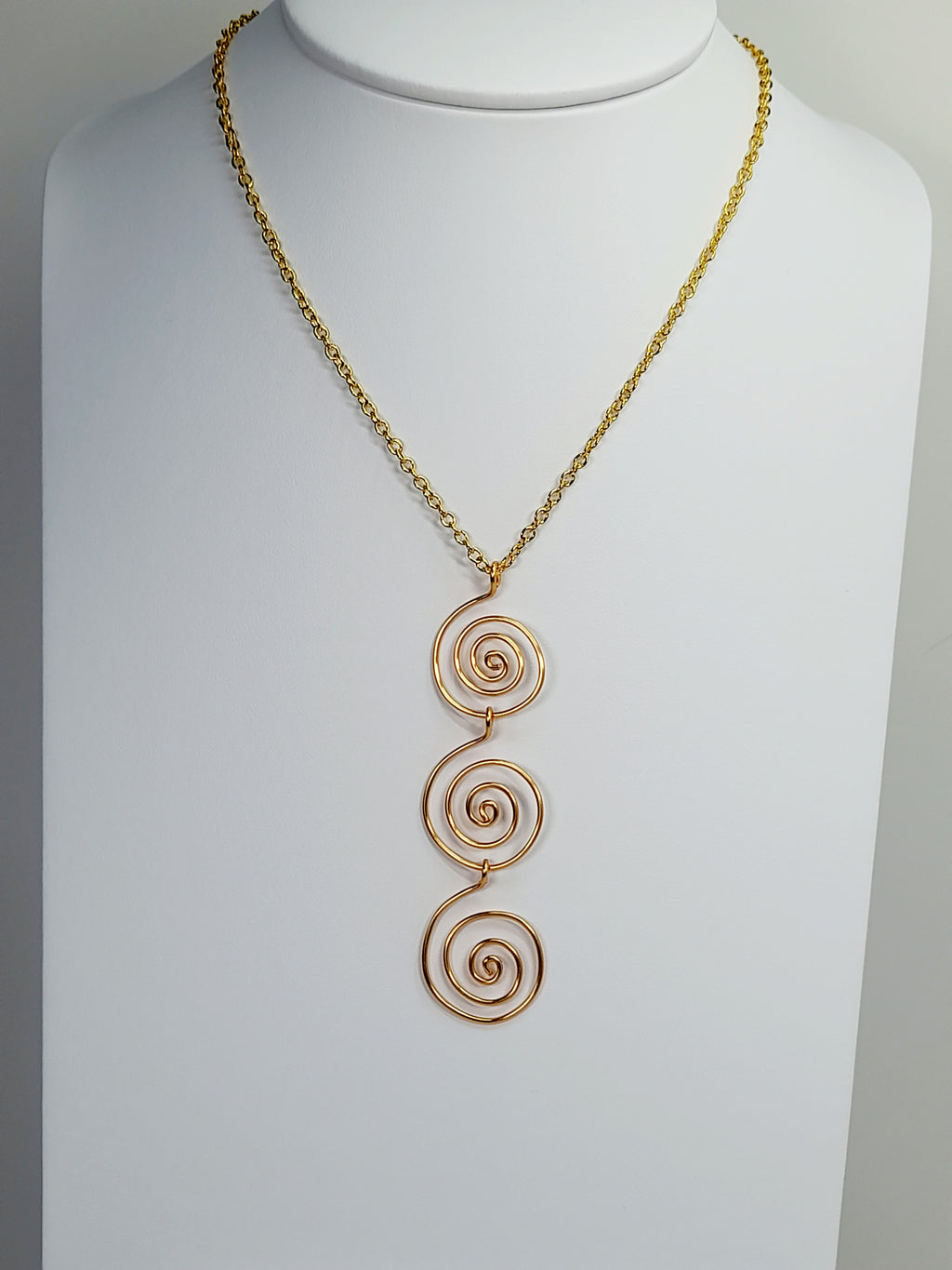 Handmade Gold Swirly Spiral Long Pendant Necklace, Lightweight Geometric Design