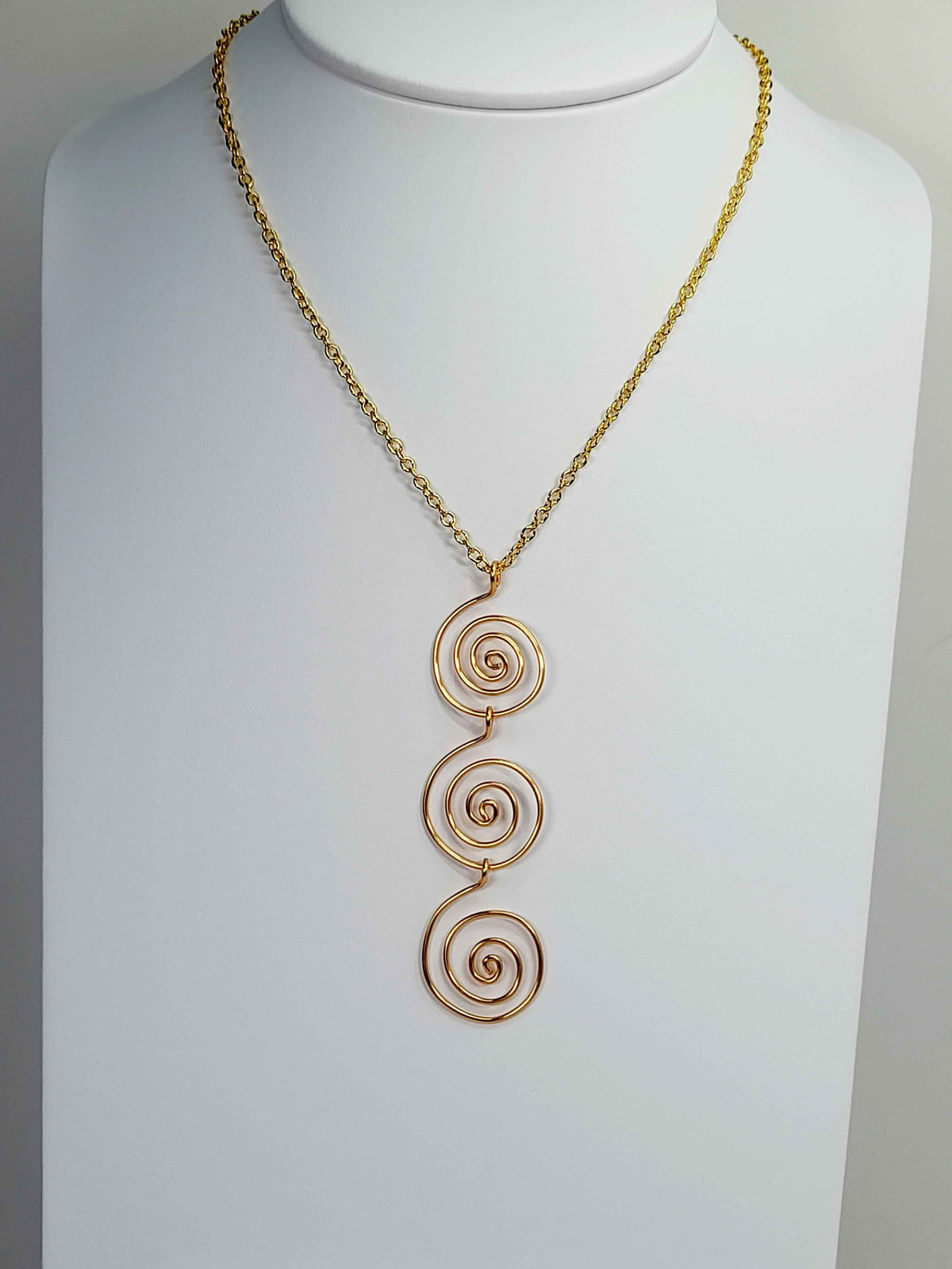 Handmade Gold Swirly Spiral Long Pendant Necklace, Lightweight Geometric Design