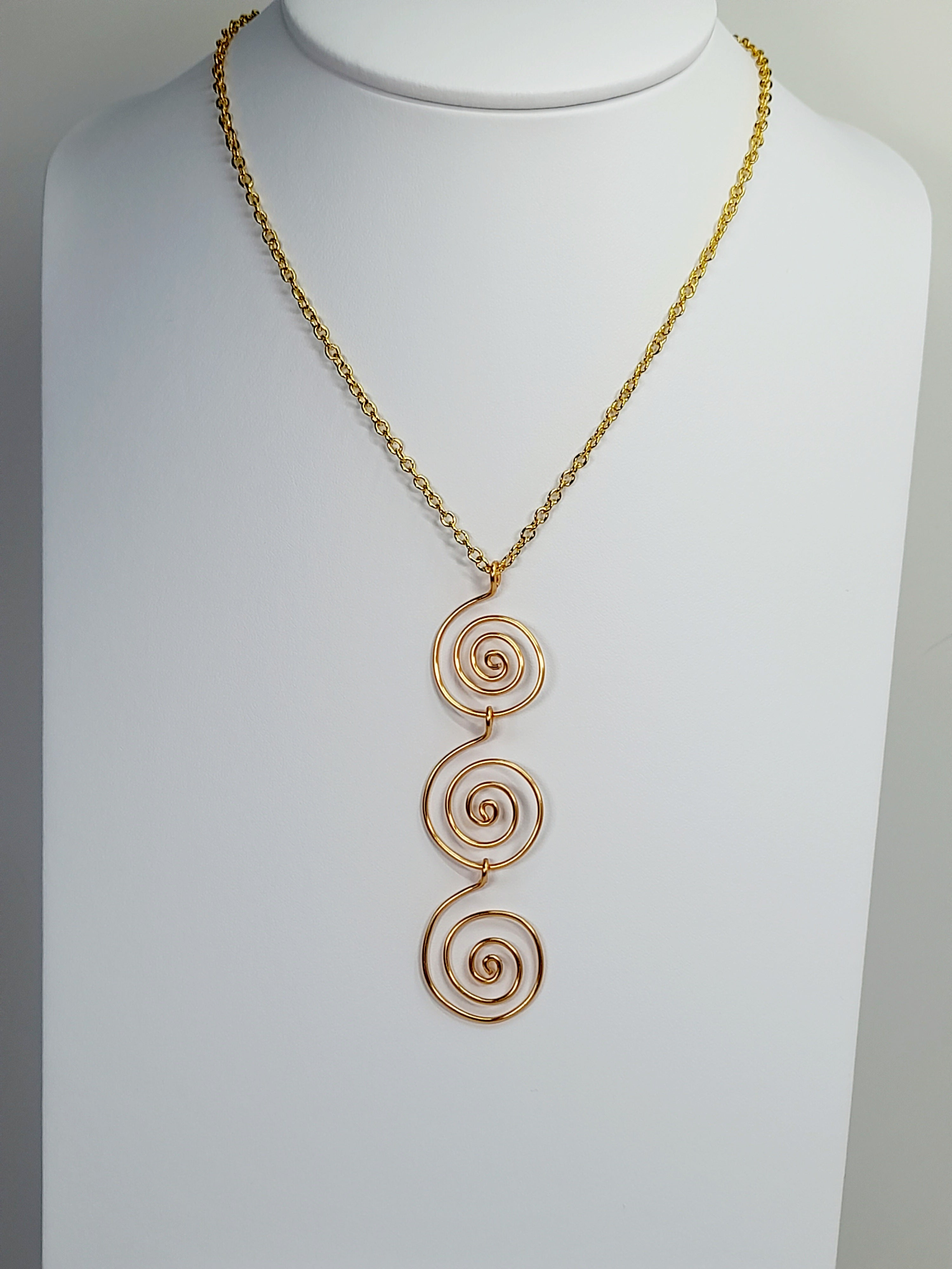 Handmade Gold Swirly Spiral Long Pendant Necklace, Lightweight Geometric Design
