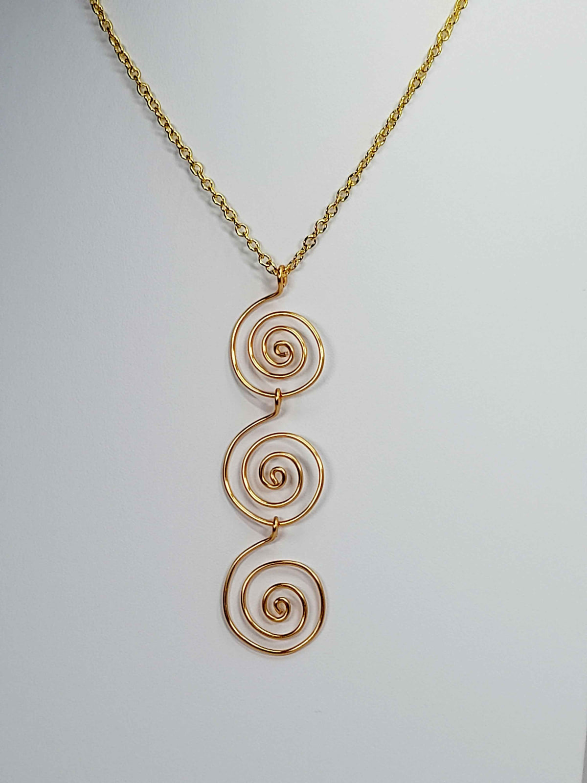 Handmade Gold Swirly Spiral Long Pendant Necklace, Lightweight Geometric Design