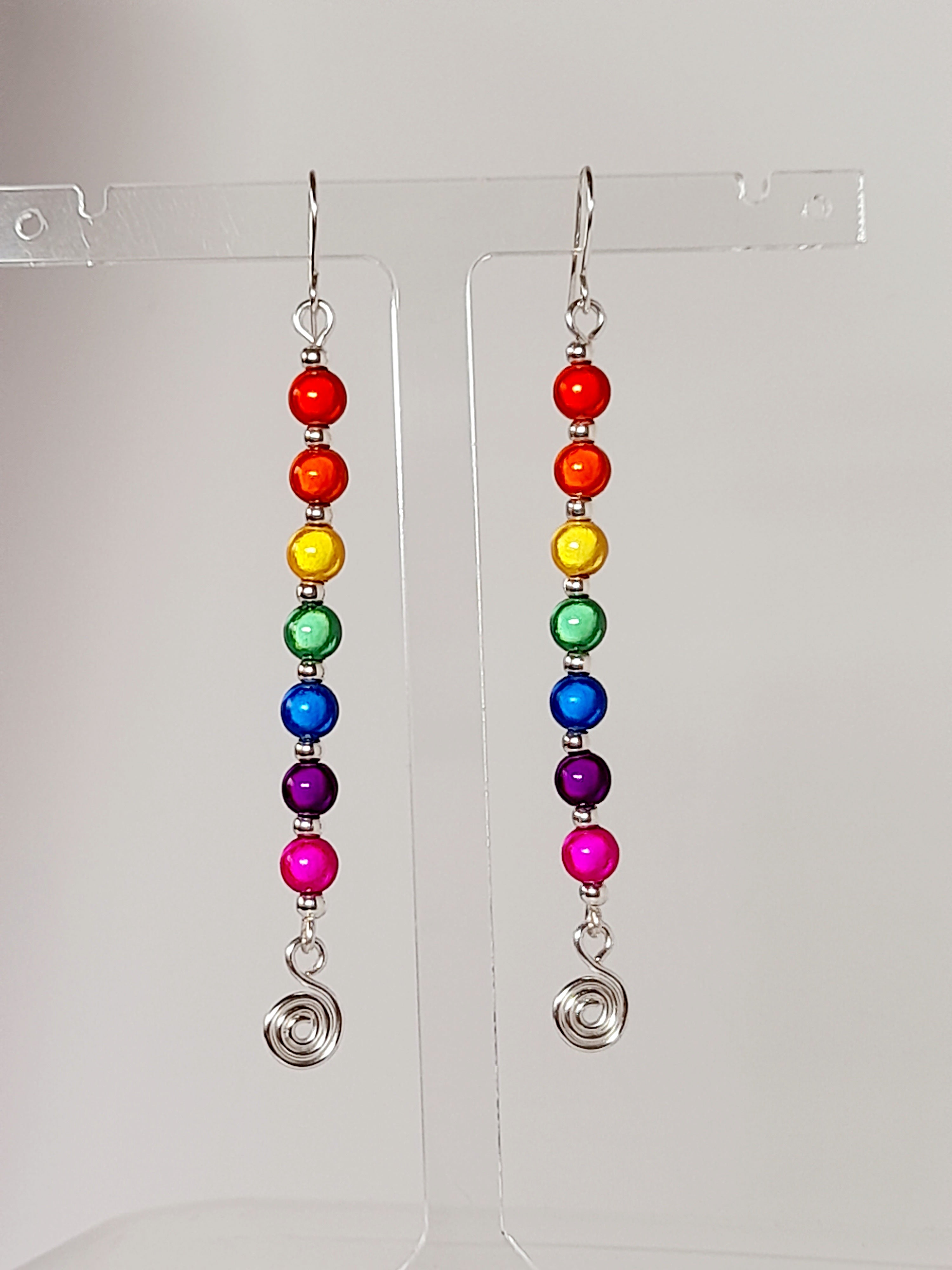 Long Rainbow Spiral Drop Earrings – Colourful, Lightweight & Handmade
