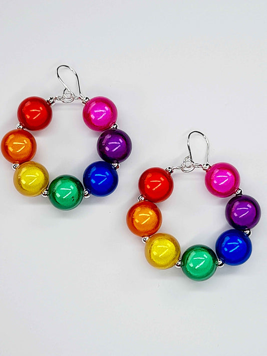 Large Bright Rainbow Miracle Bead Hoop Earrings