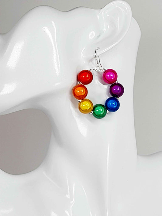 Large Bright Rainbow Miracle Bead Hoop Earrings