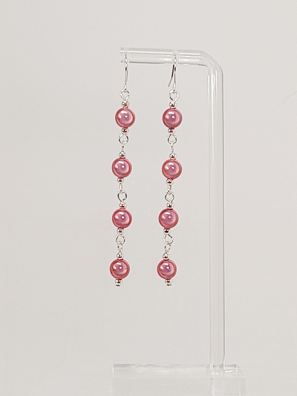 Long Pale Pink Beaded Drop Earrings, Handmade Four Link Dangle Earrings