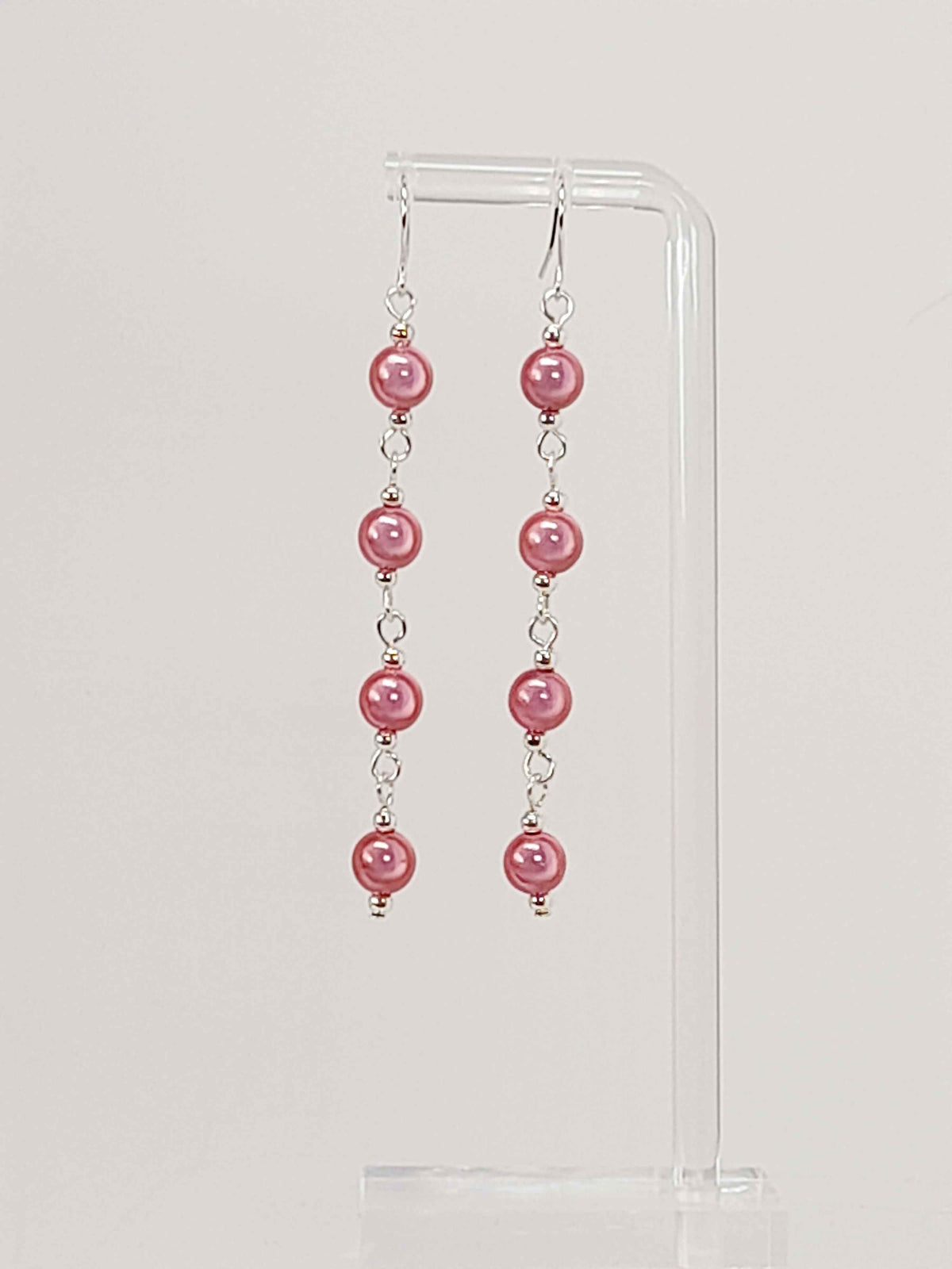 Long Pale Pink Beaded Drop Earrings, Handmade Four Link Dangle Earrings