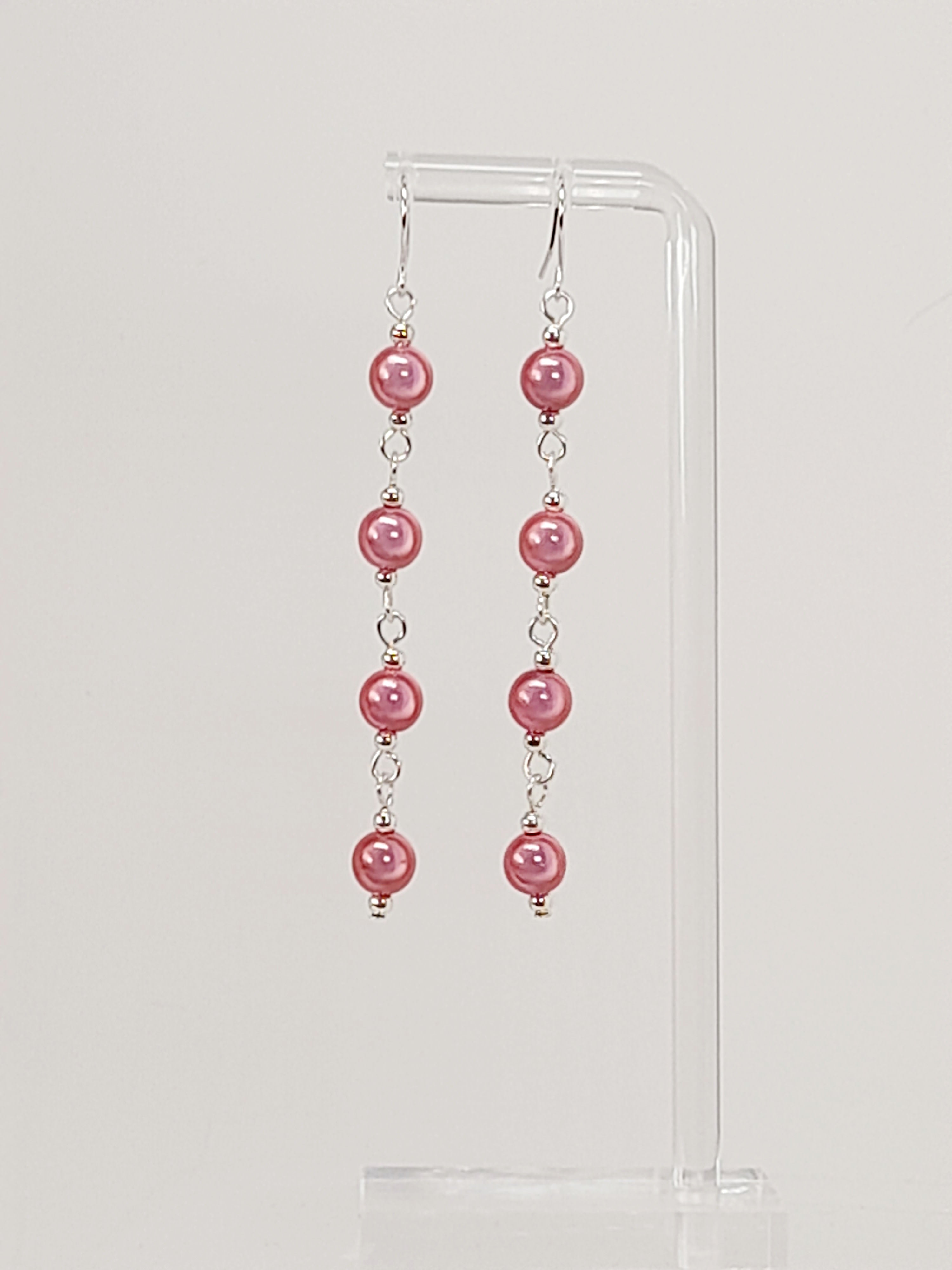 Long Pale Pink Beaded Drop Earrings, Handmade Four Link Dangle Earrings
