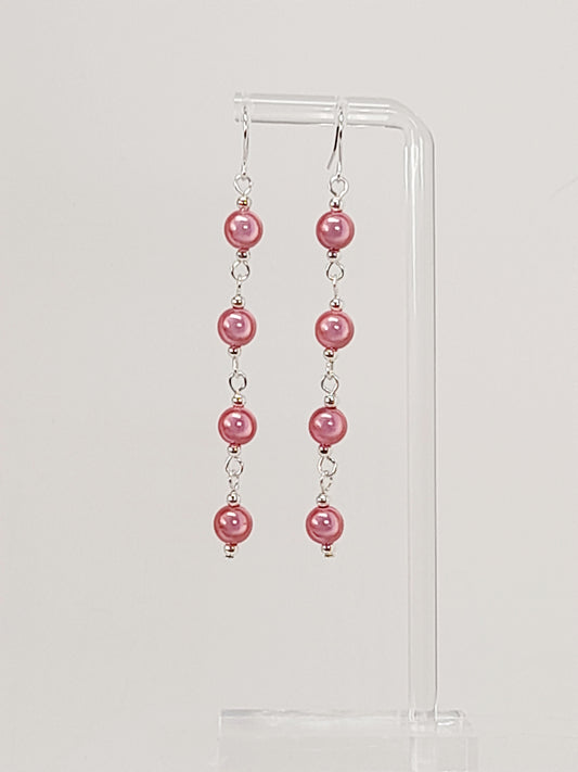 Long Pale Pink Beaded Drop Earrings, Handmade Four Link Dangle Earrings