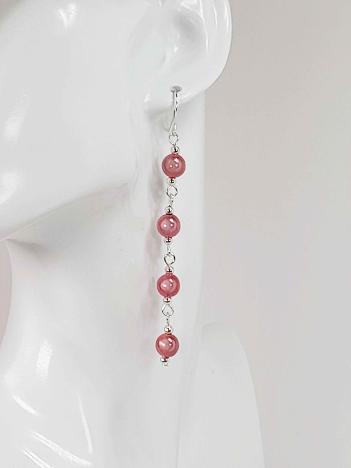 Long Pale Pink Beaded Drop Earrings, Handmade Four Link Dangle Earrings