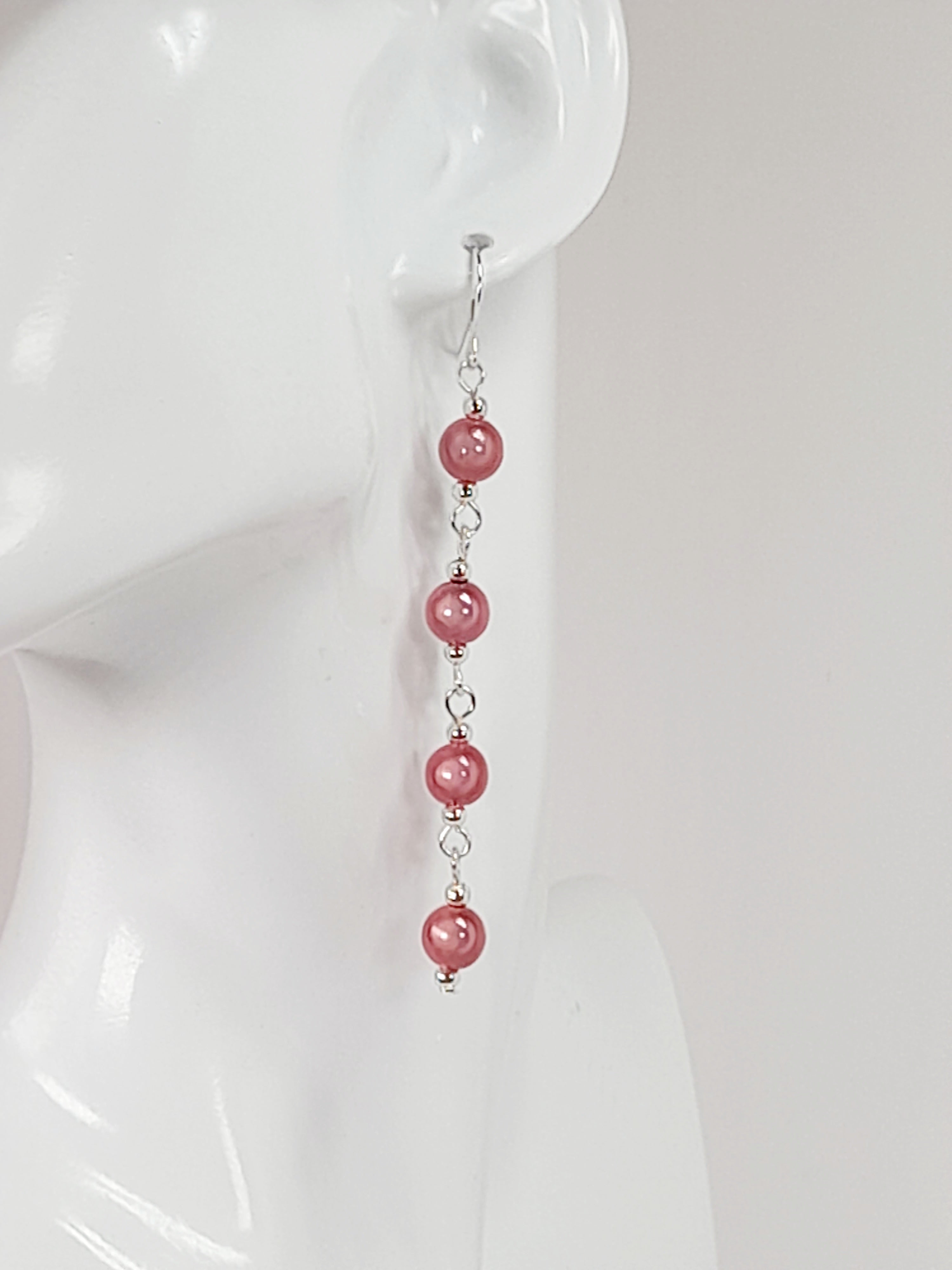 Long Pale Pink Beaded Drop Earrings, Handmade Four Link Dangle Earrings
