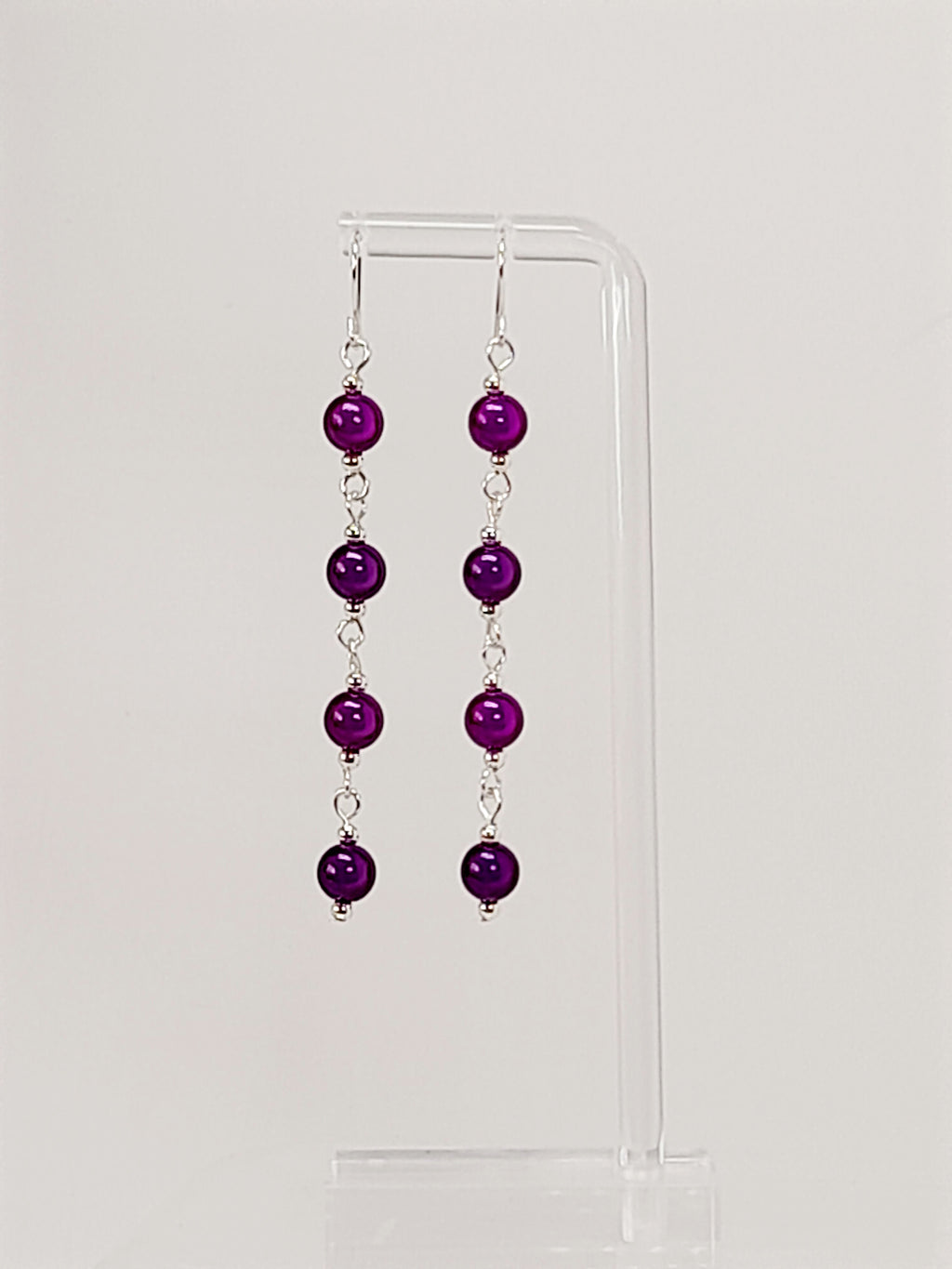Long Dark Purple Beaded Drop Earrings, Handmade Four Link Dangle Earrings